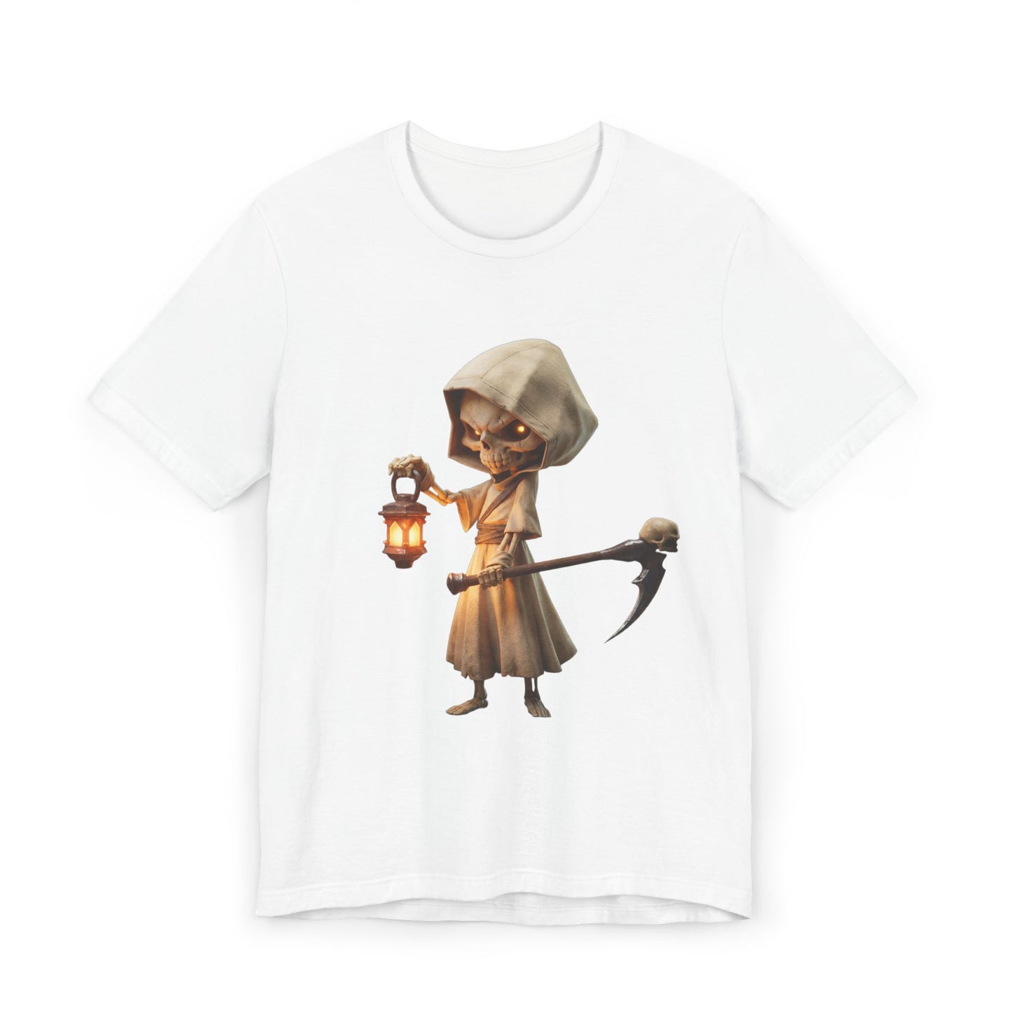 Lantern-Bearing Reaper Jersey T-Shirt – Candlelit Skeleton Sentinel