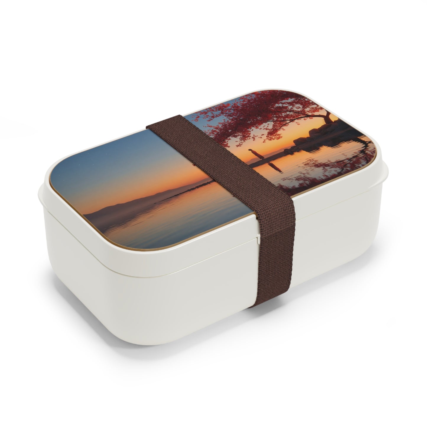 Crimson Cherry Blossom Bento Lunch Box – Twilight Reflections at Lake’s Edge