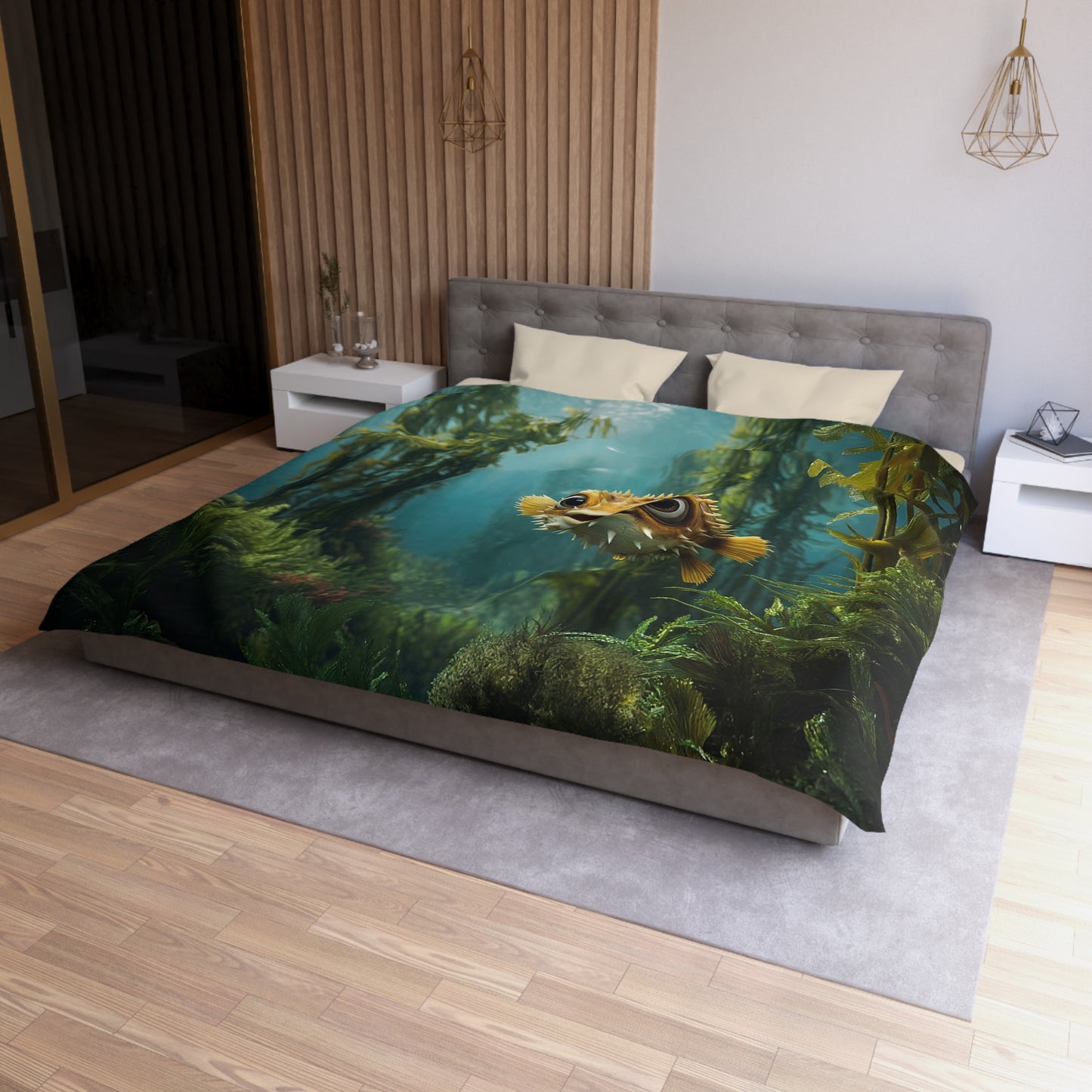 Sunlit Pufferfish Microfiber Duvet Cover – Whispering Kelp Forest Dreamscape