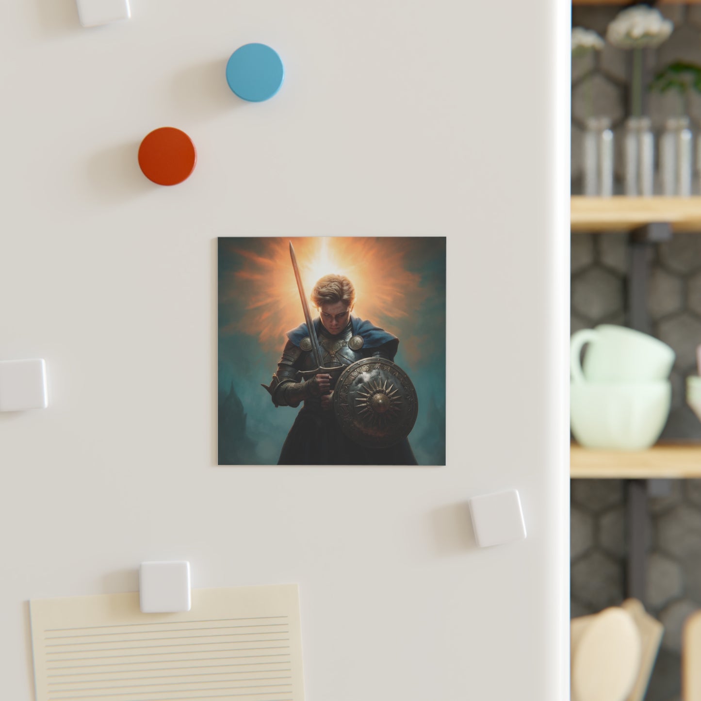 Dawn-Kissed Knight Square Magnet – Sunlit Resolve Against Misty Towers