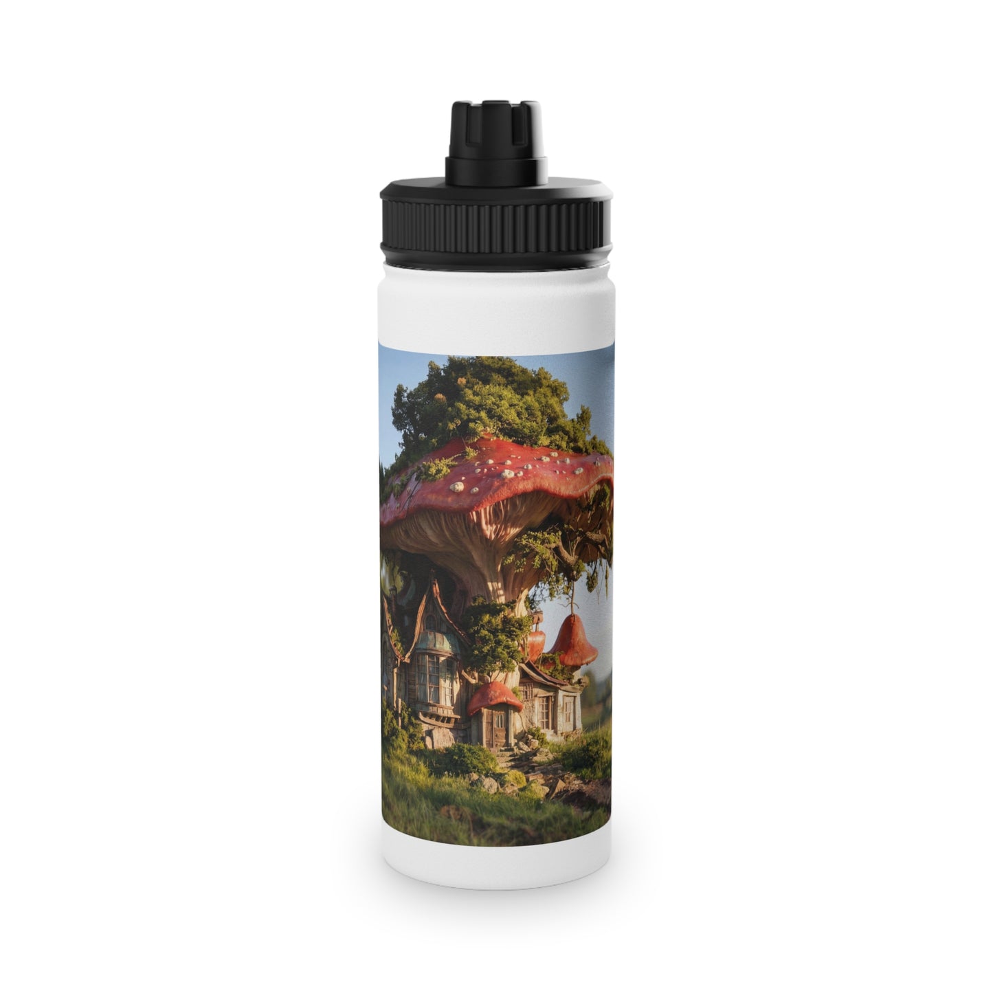 Mushroom Cottage Water Bottle – Red Cap Forest Dwelling with Gnarled Roots