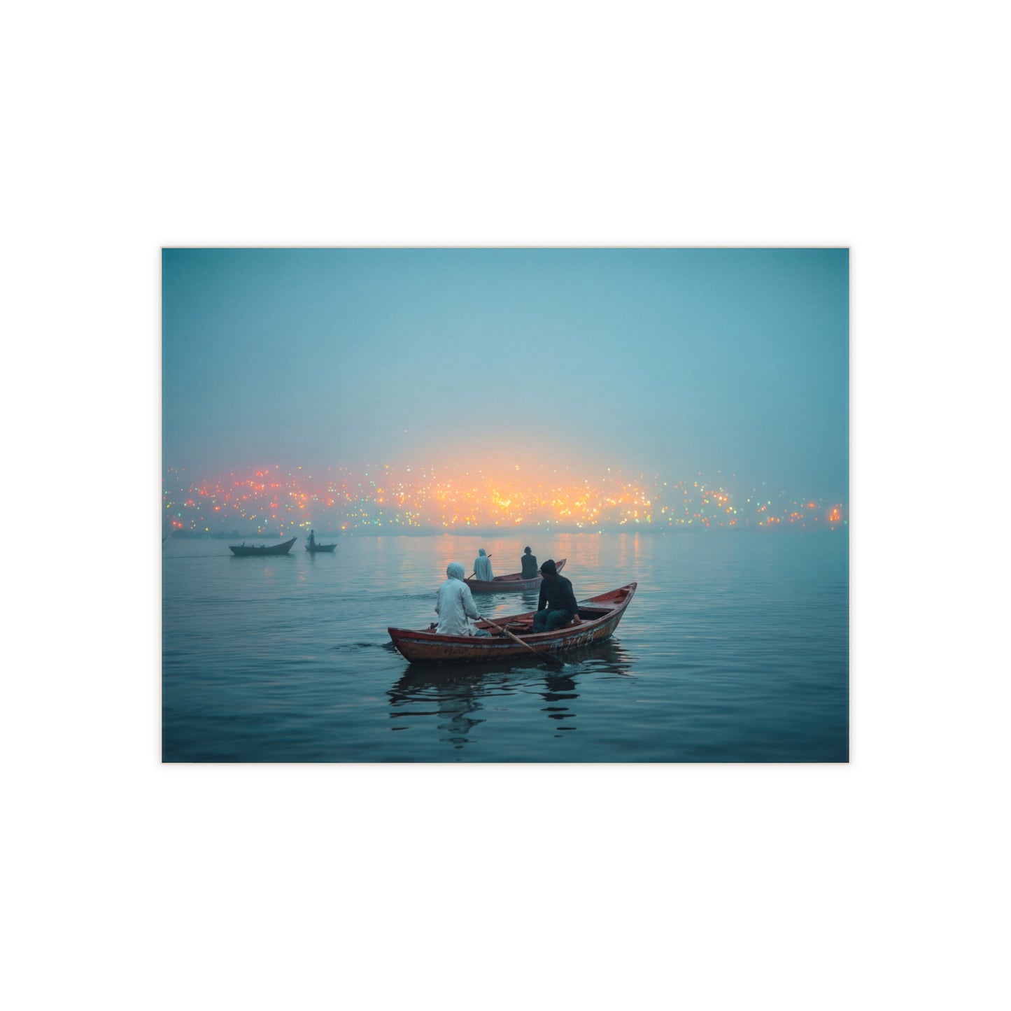 Riverboat Twilight Ceramic Photo Tile – Floating Lights on Misty Waters