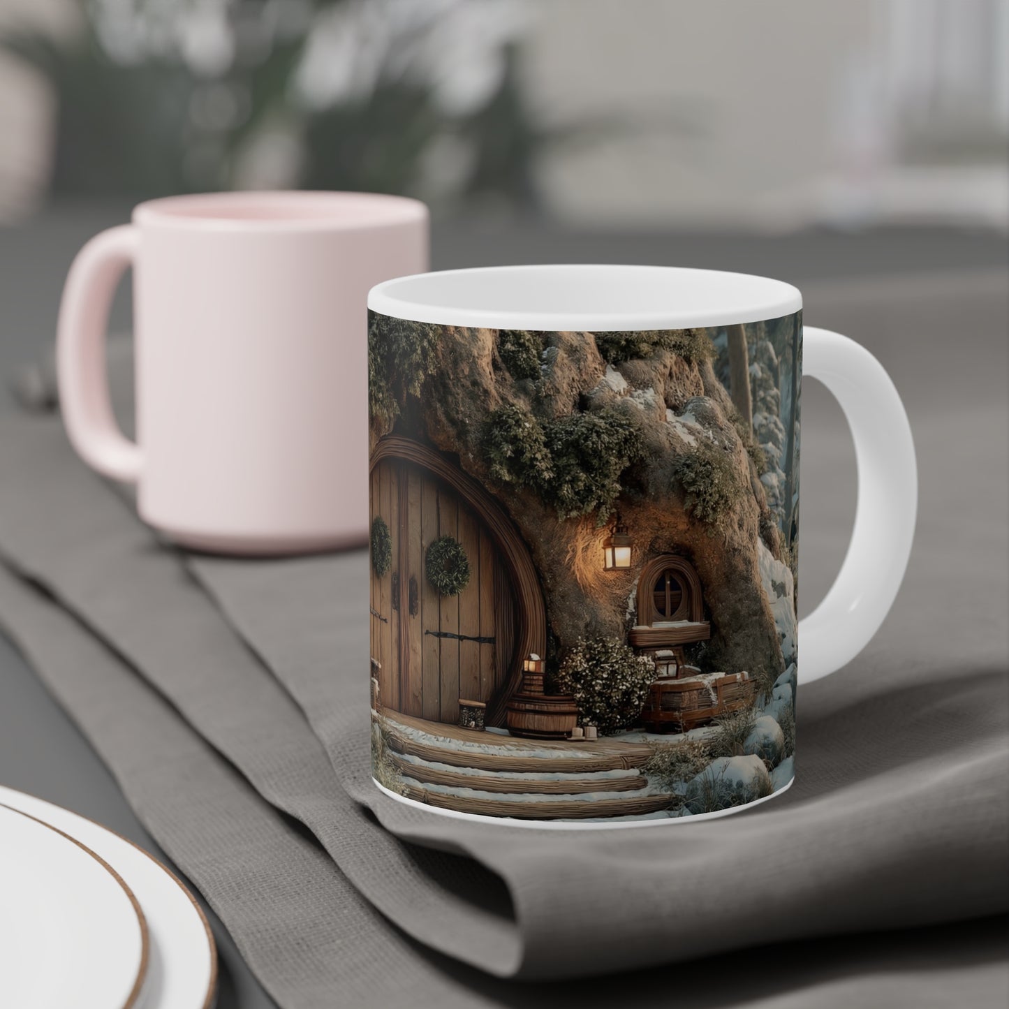 Winter Hollow Treehouse Mug – Warm Hearth Glow in Snow