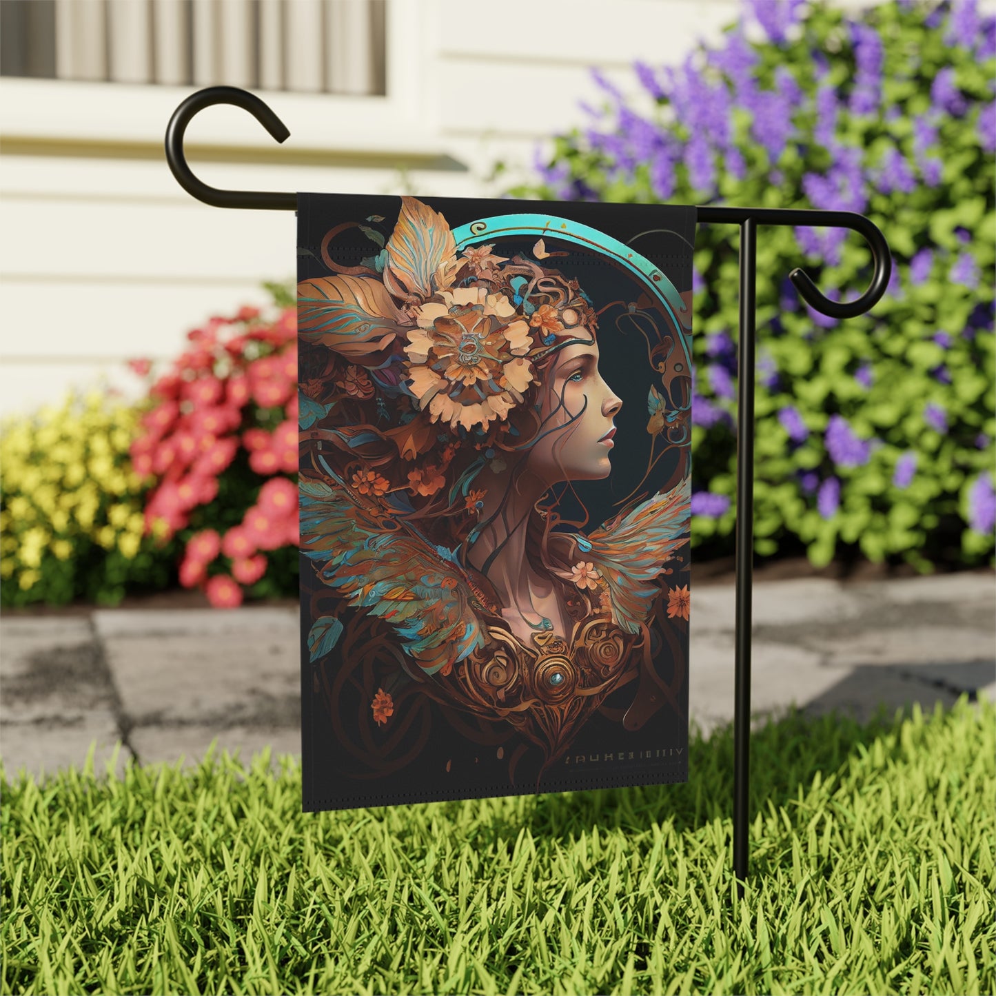 product design, psychedelic, dmt, self-transforming steampunk machine oracle elves, chrysanthemum, art nouveau, alphonse mucha - Garden & House Banner