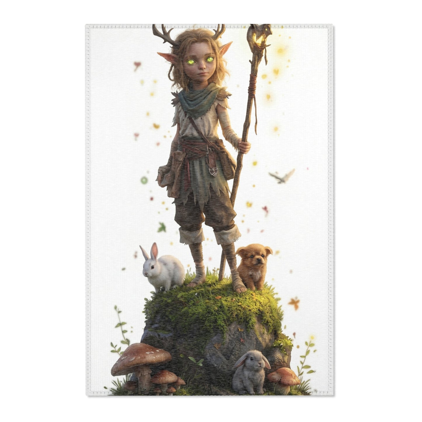 Forest Sentinel Area Rug – Glowing Antlered Child Amid Mushrooms and Rabbits