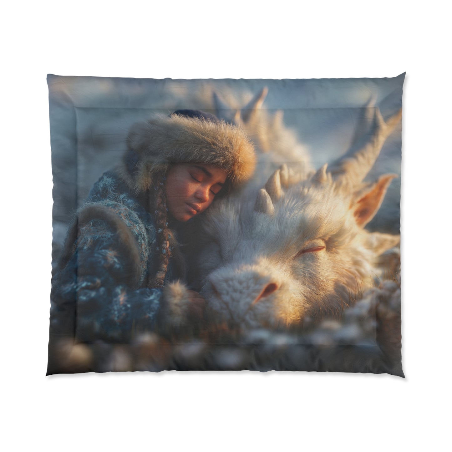 Frost-Touched Guardian Comforter – White Dragon Resting on Snowy Heath