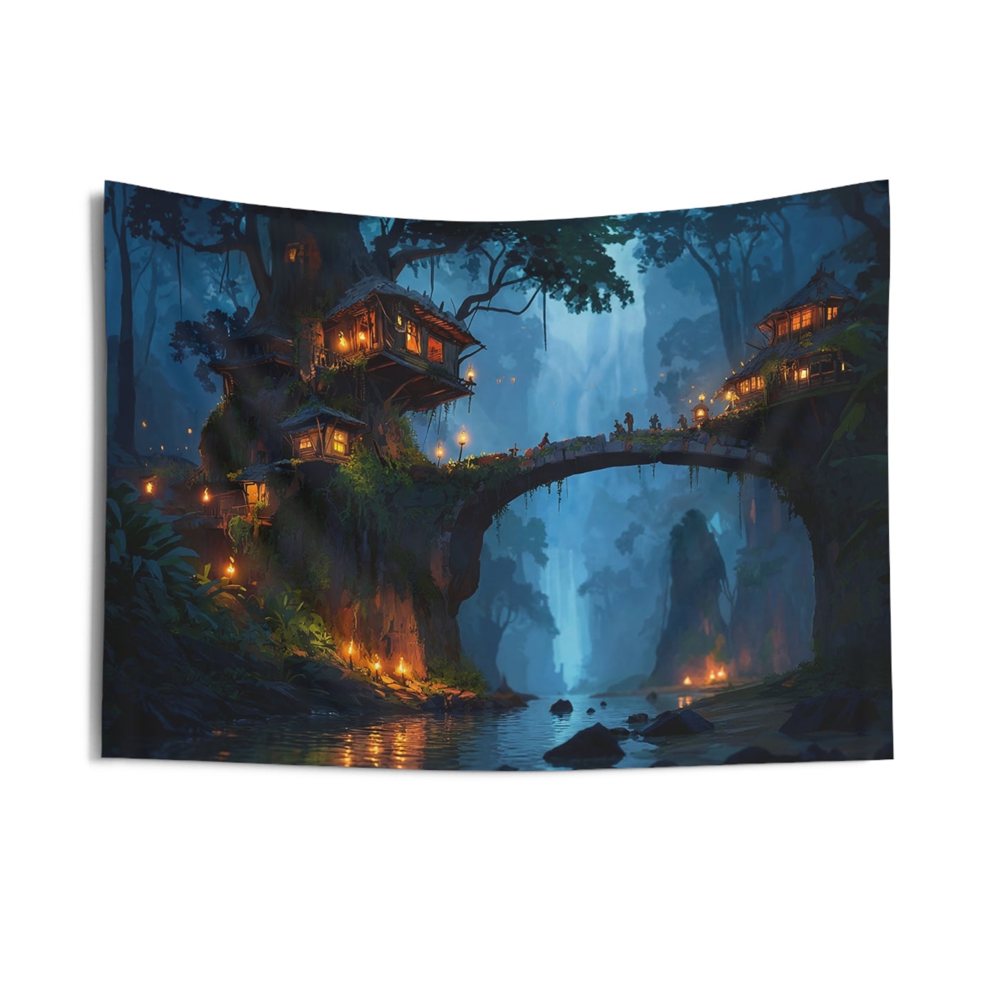 Whispering Canopy Bridge Tapestry – Glowlit Jungle Village at Dusk
