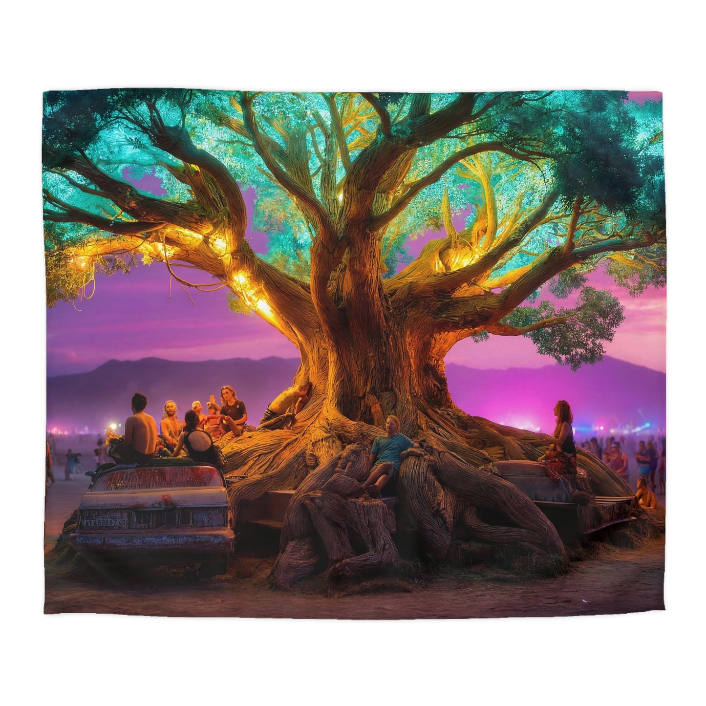 Celestial Tree Microfiber Duvet Cover – Twilight Gathering Under Neon Canopy