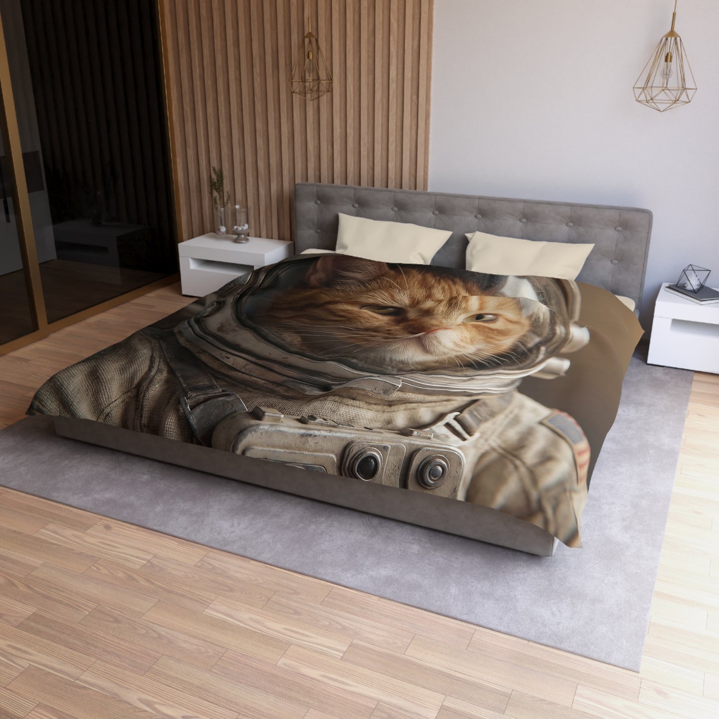 Astronaut Cat Microfiber Duvet Cover – Warm Glow in the Cosmos