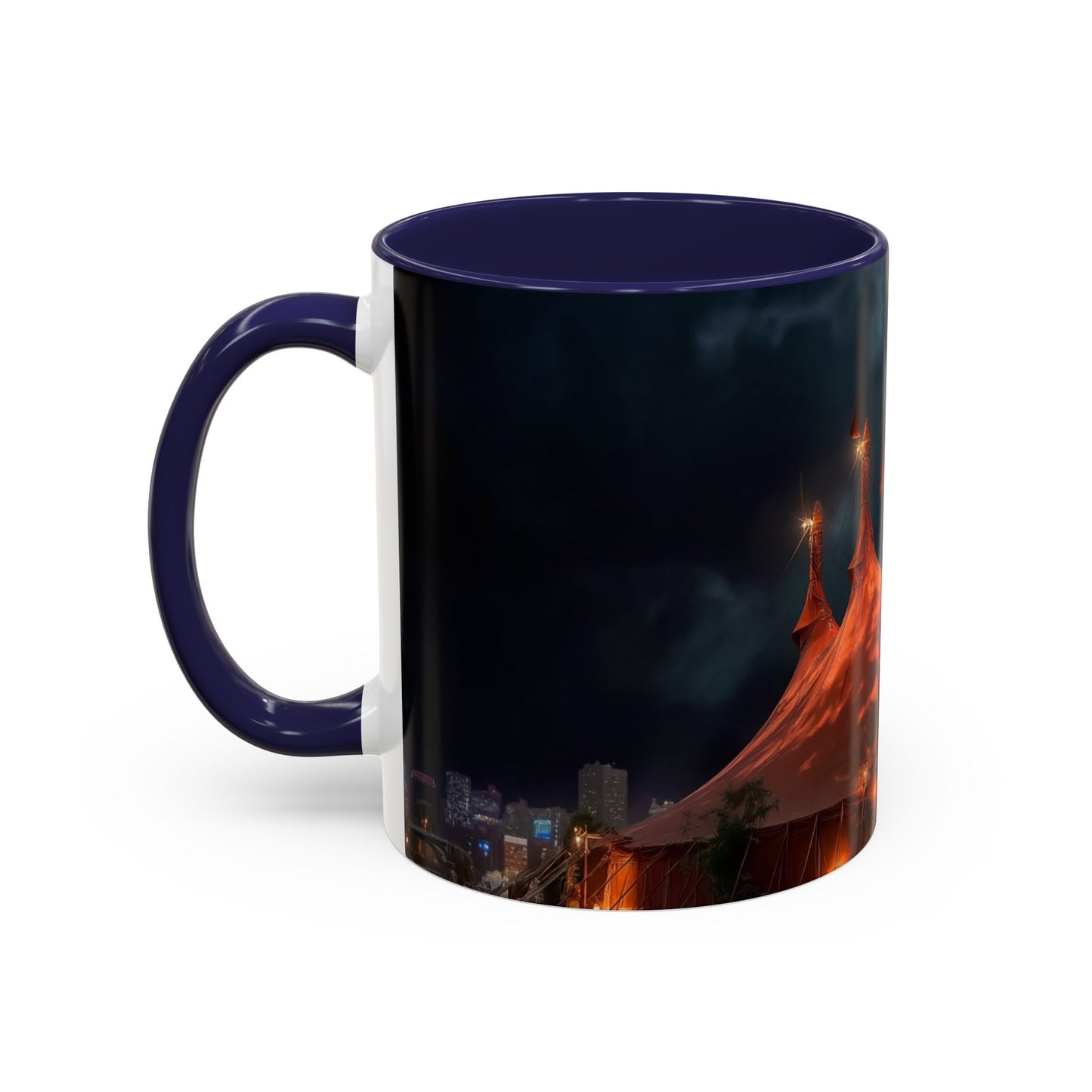 Crimson Circus Tent Accent Coffee Mug (11, 15oz) – Neon Nightscape Under Thunderclouds