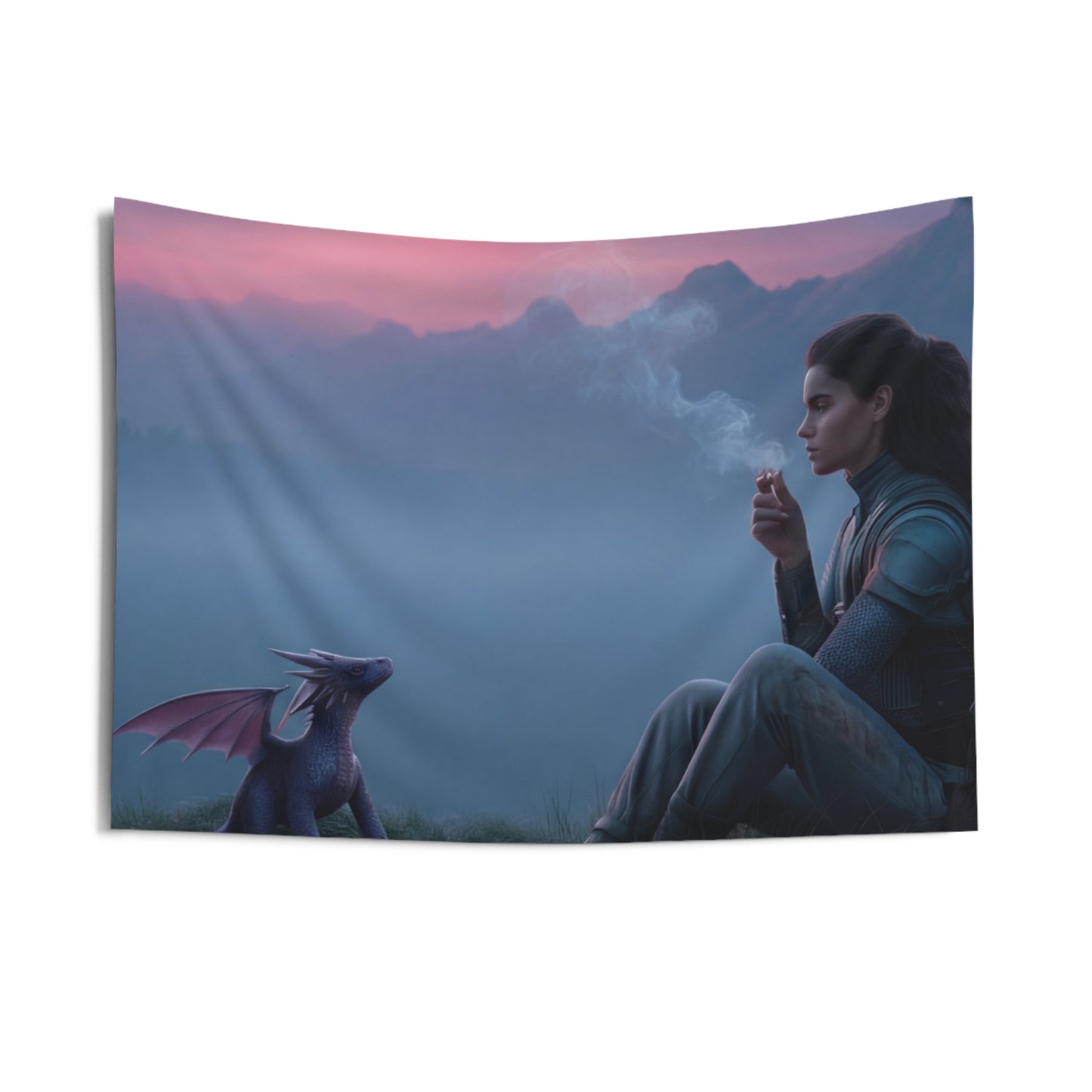 Warrior and Dragon at Dawn Wall Tapestry – Quiet Mountain Vigil