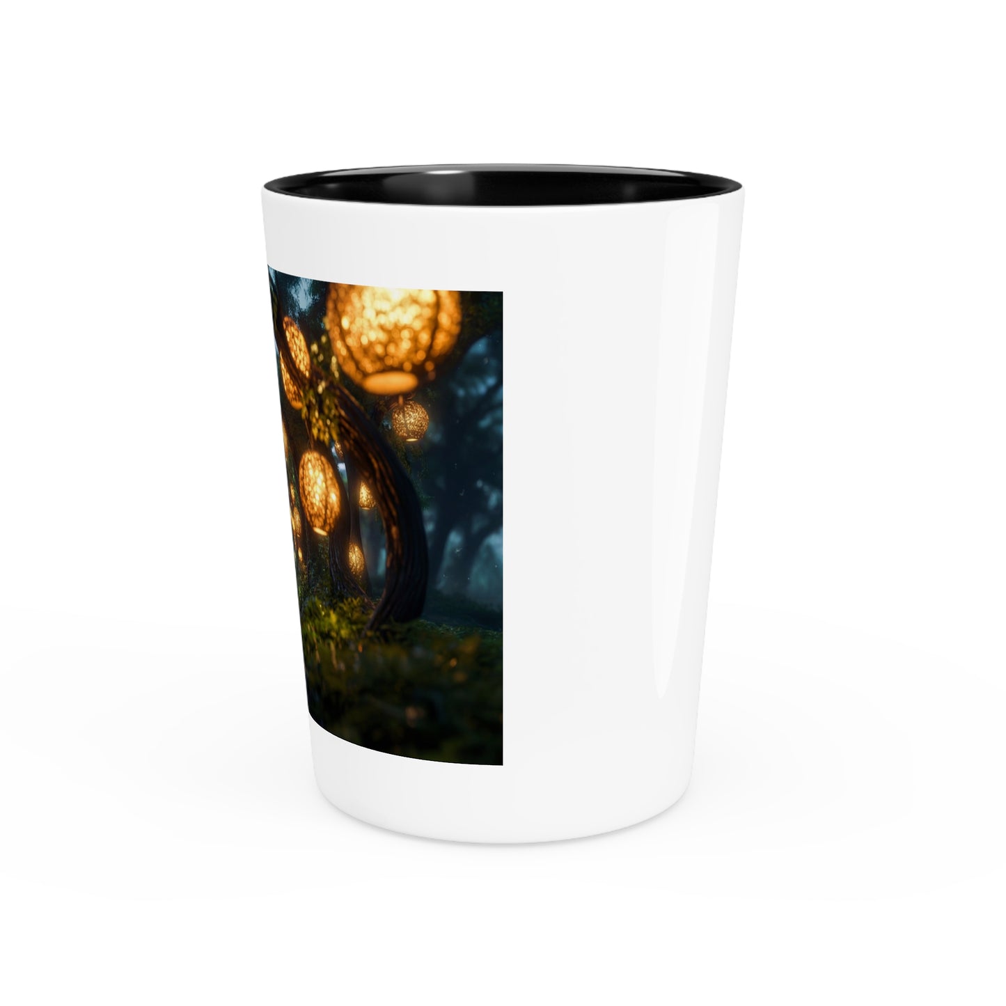 Luminous Forest Path Shot Glass – Warm Lanterns Through Ancient Trees
