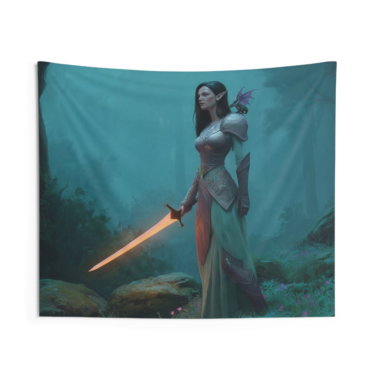 Elven Sentinel Indoor Wall Tapestries – Sword Lit by Twilight Moss