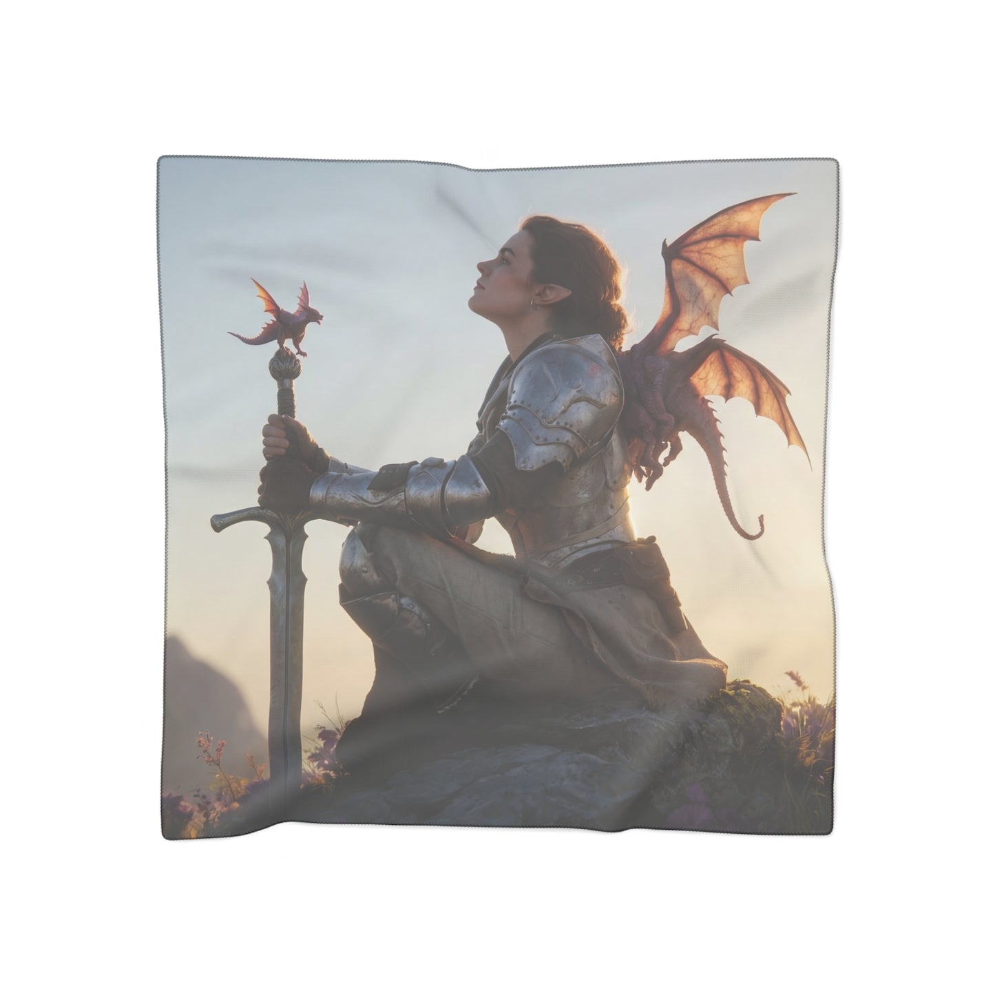 Dragon Knight at Dawn Poly Scarf – Sunset Sentinel with Crimson Wings