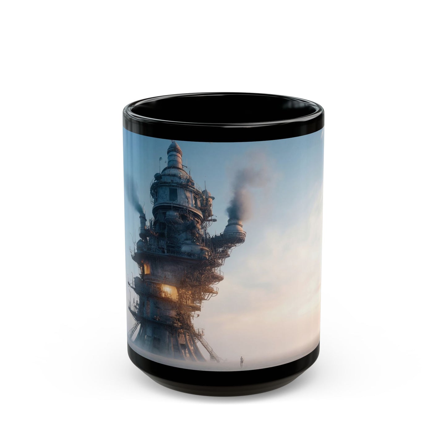 Skyward Steam Tower Black Mug – Dawn’s Industrial Reverie