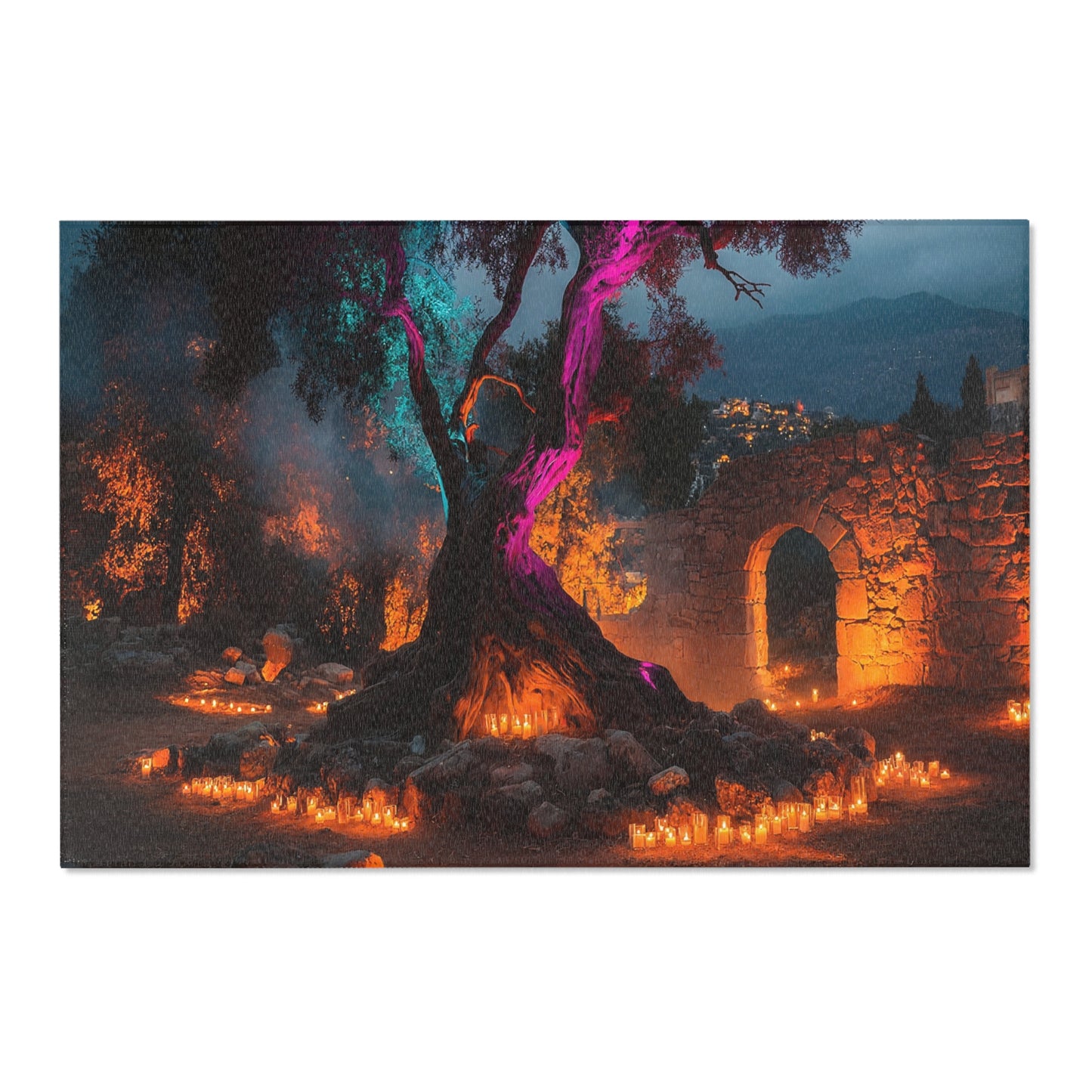 Ancient Tree with Neon Glow Area Rugs – Sacred Grove at Twilight