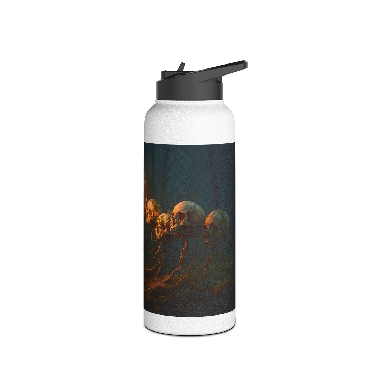 Glowing Lightbulb in Haunted Forest Stainless Steel Water Bottle, Standard Lid – Illuminated Wisdom Among the Ancient Bones