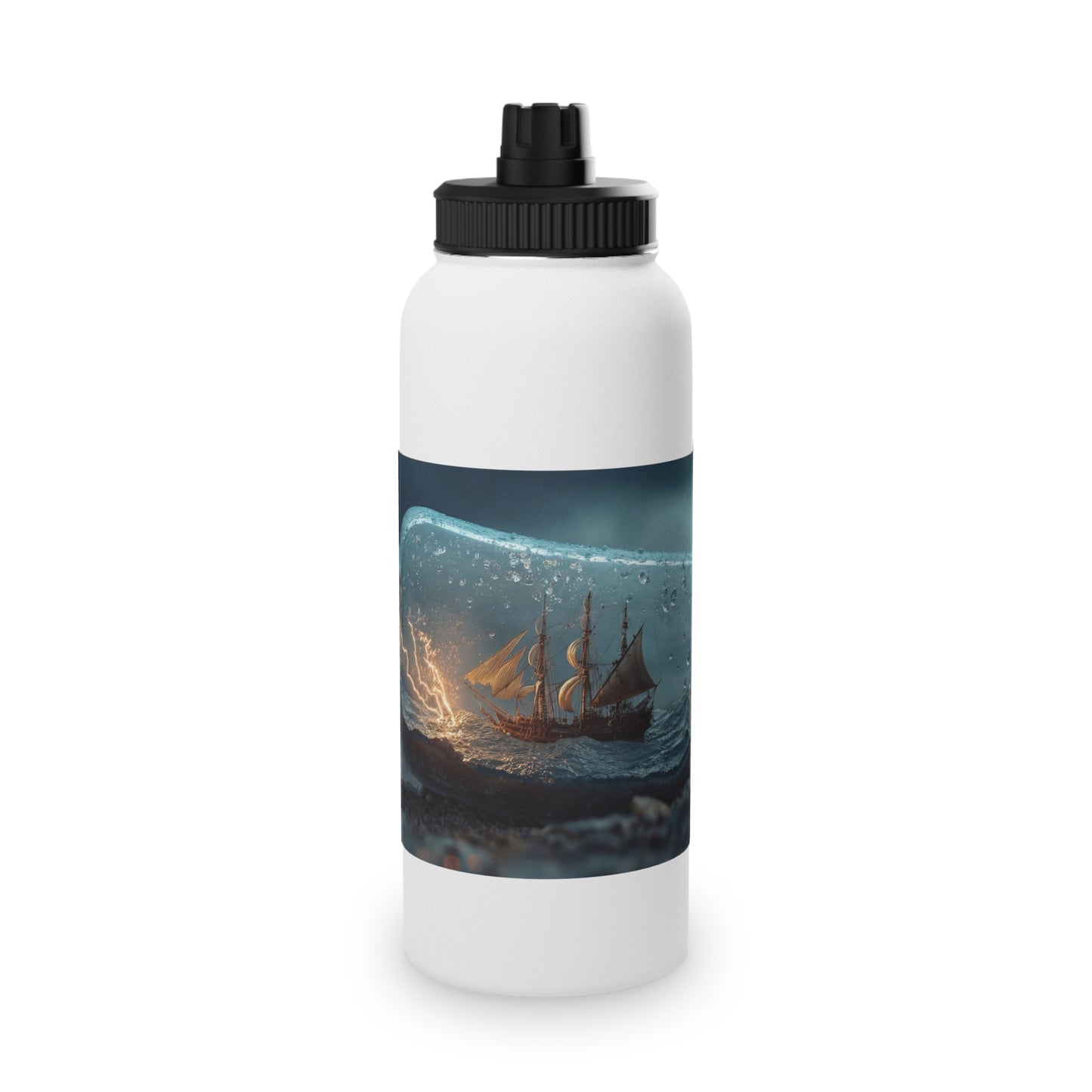 Storm-Sailed Ship in Bottle Stainless Steel Water Bottle, Sports Lid – Captured Tempest at Sea