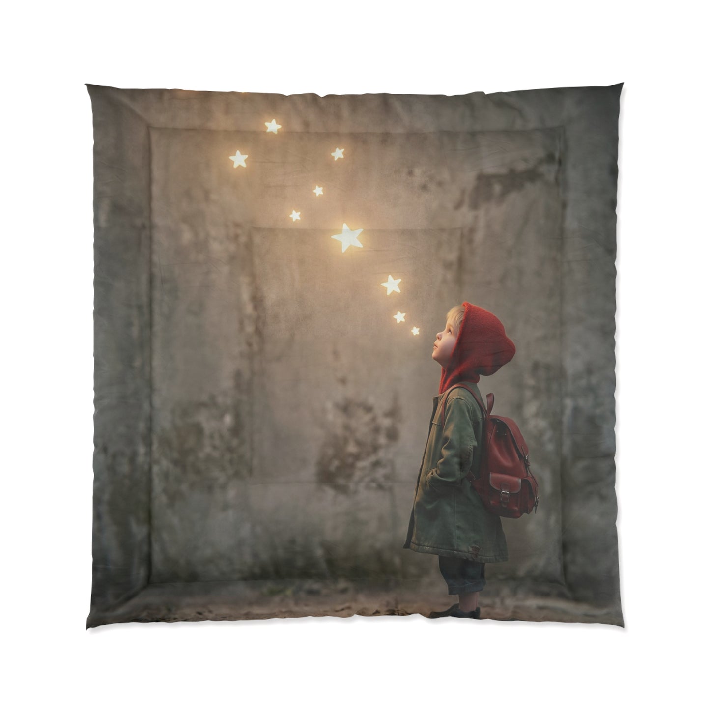 Child Gazing at Star Constellation Comforter – Warm Glow Against Urban Walls