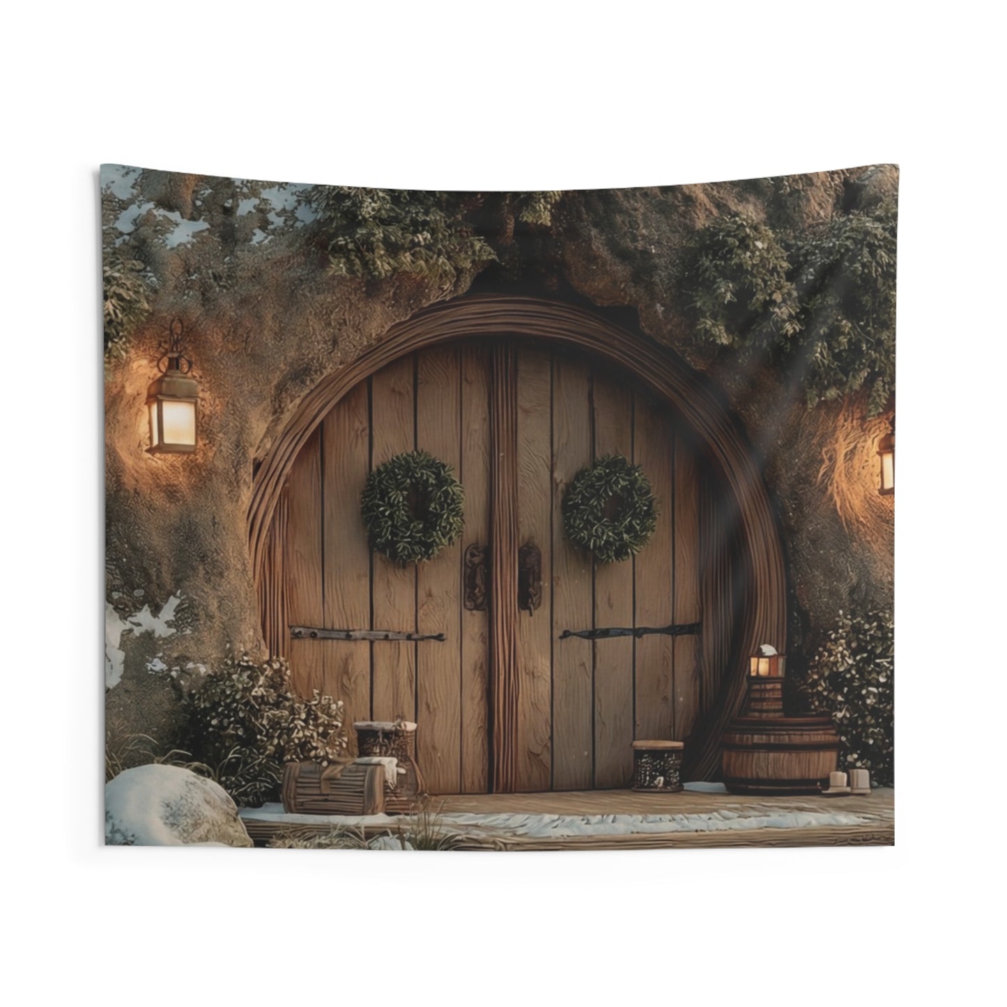 Winter Hollow Treehouse Tapestry – Snow-Dusted Forest Sanctuary