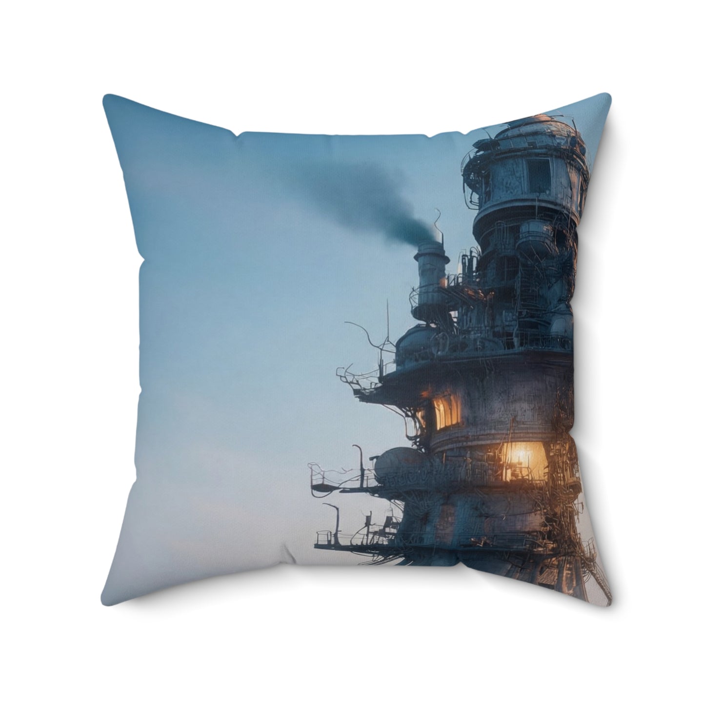 Skyward Spire Spun Polyester Square Pillow – Steam-Powered Sentinel in Dawn Light