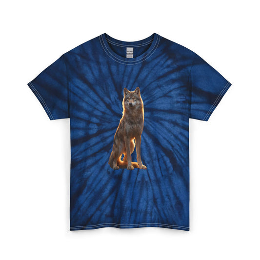Golden Hour Wolf Unisex Tie Dye Cotton Tee – Amber Sentinel Portrait