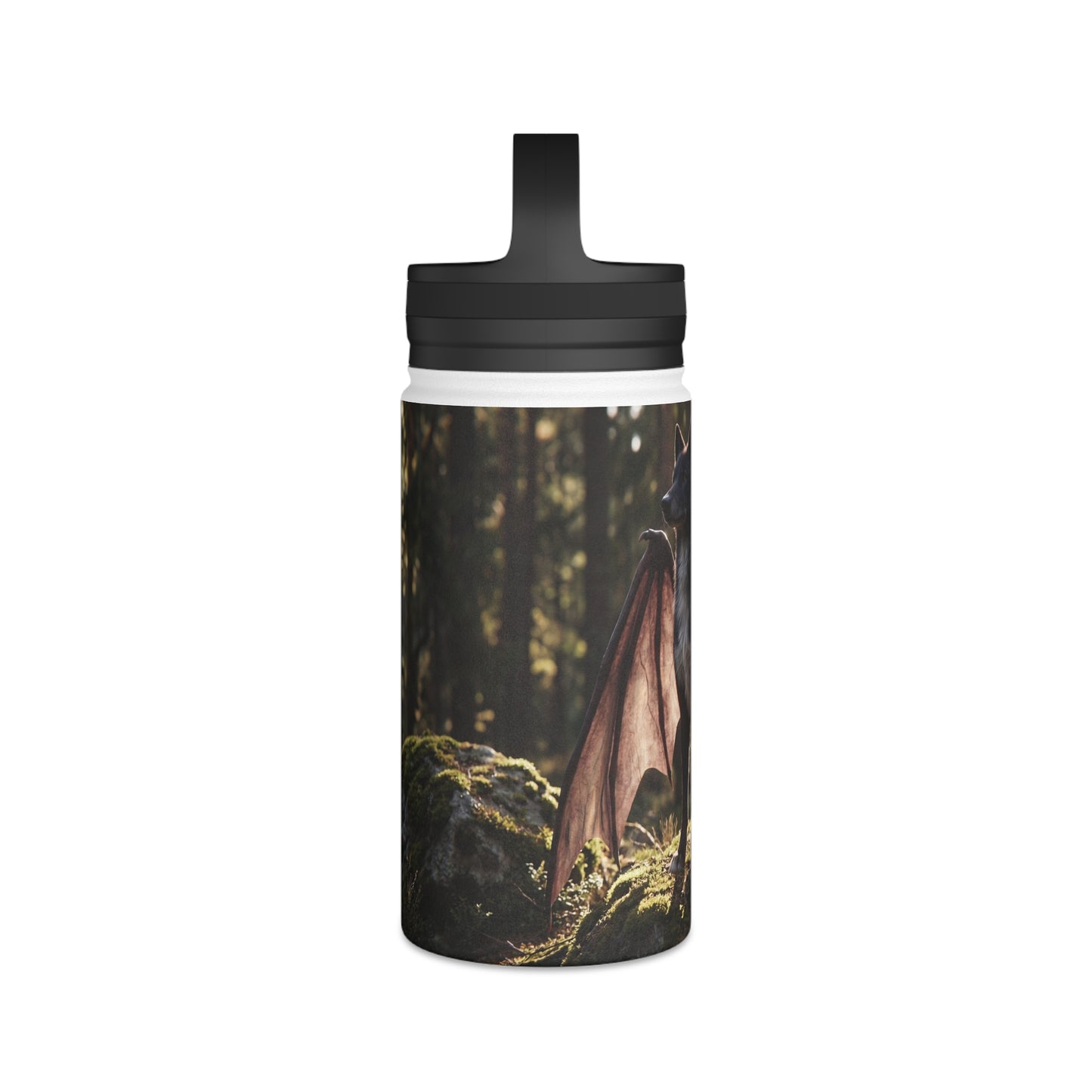 Winged Wolf in Sunlit Forest Stainless Steel Water Bottle, Handle Lid – Guardian of the Mossy Glade