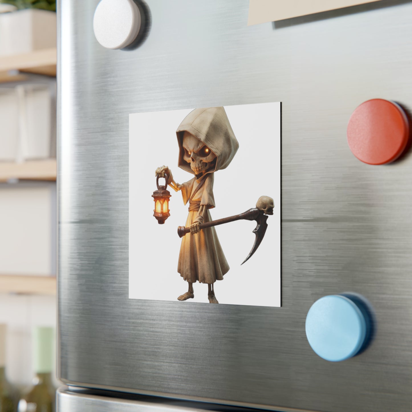 Lantern-Bearing Sentinel Square Magnet – Hooded Skeleton Guardian