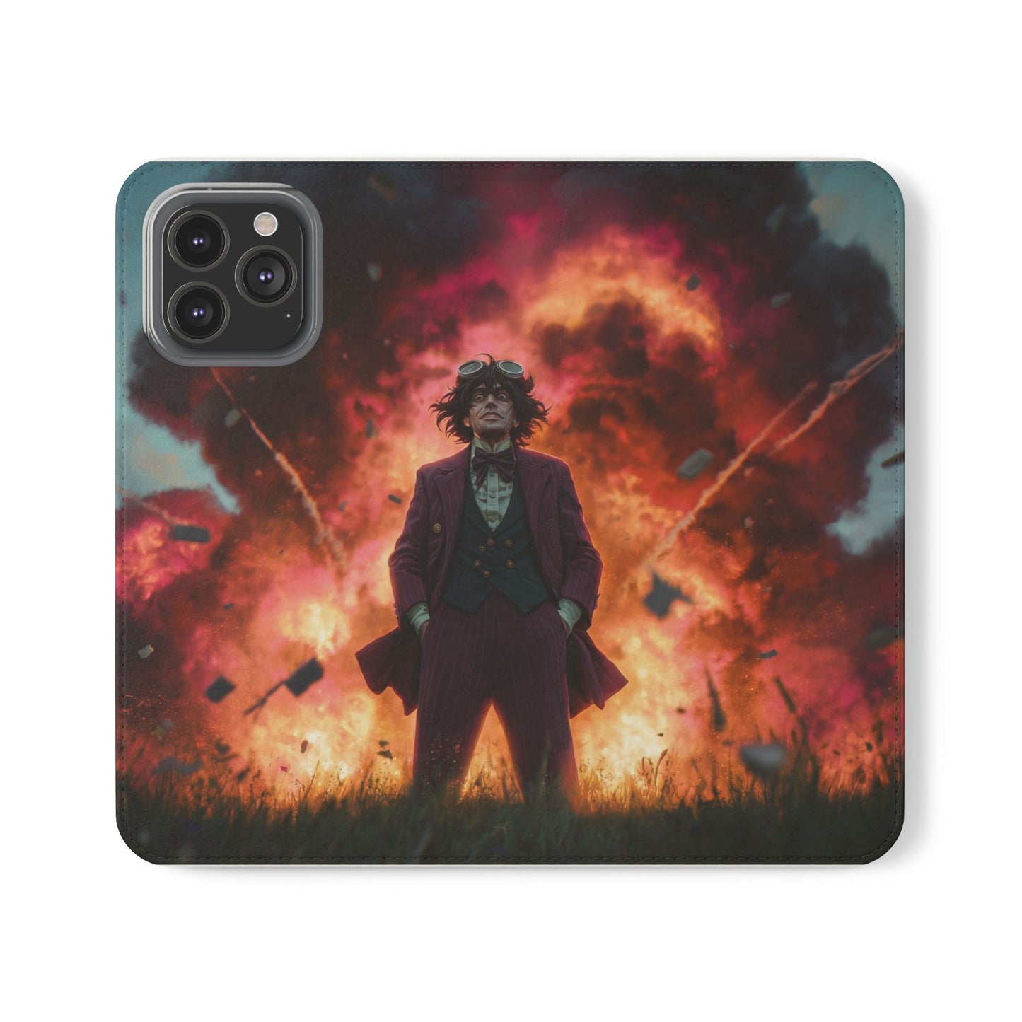 Goggles & Chaos Flip Cases – Purple Suit Amidst Fiery Explosion