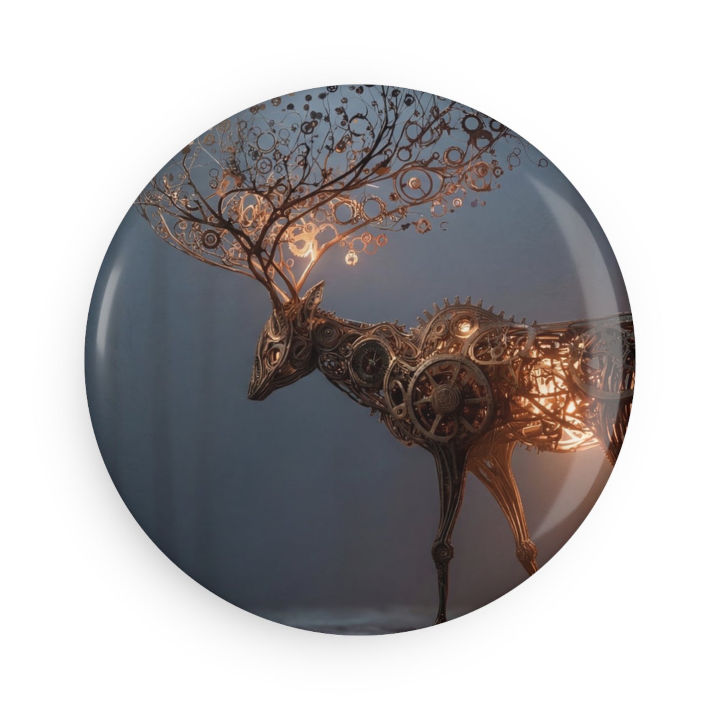 Steampunk Deer Button Magnet, Round (1 & 10 pcs) – Luminescent Gear Antlers in Misty Woods