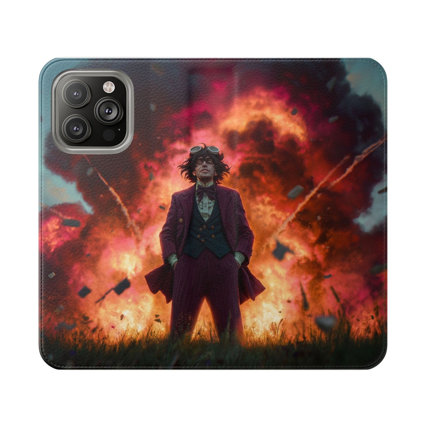 Goggles & Chaos Flip Cases – Purple Suit Amidst Fiery Explosion