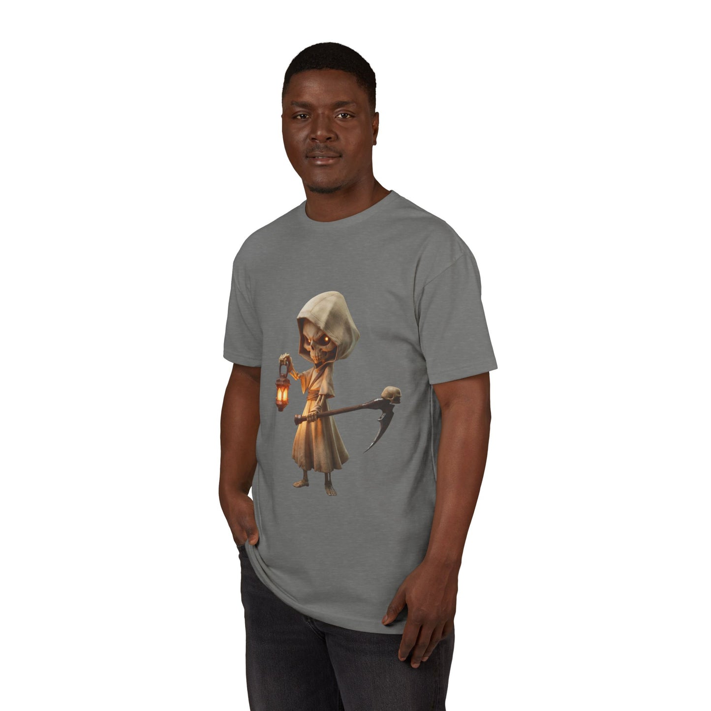 Lantern-Bearing Skeleton Sentinel Unisex Sueded T-Shirt – Gentle Guardian with Skull-Top Scythe and Warm Glow