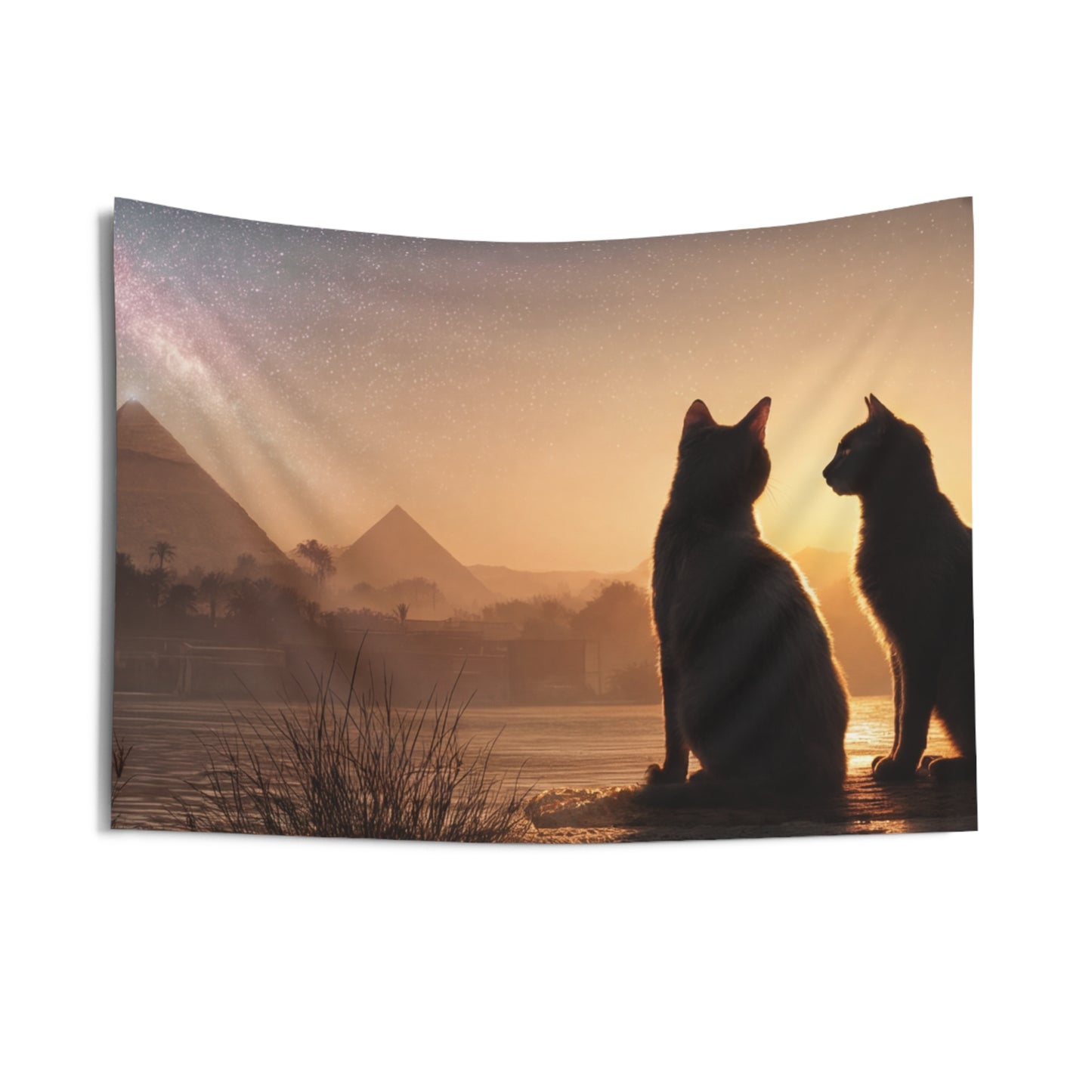Starlit Pyramids Cat Wall Tapestry – Whispers of Ancient Cosmos