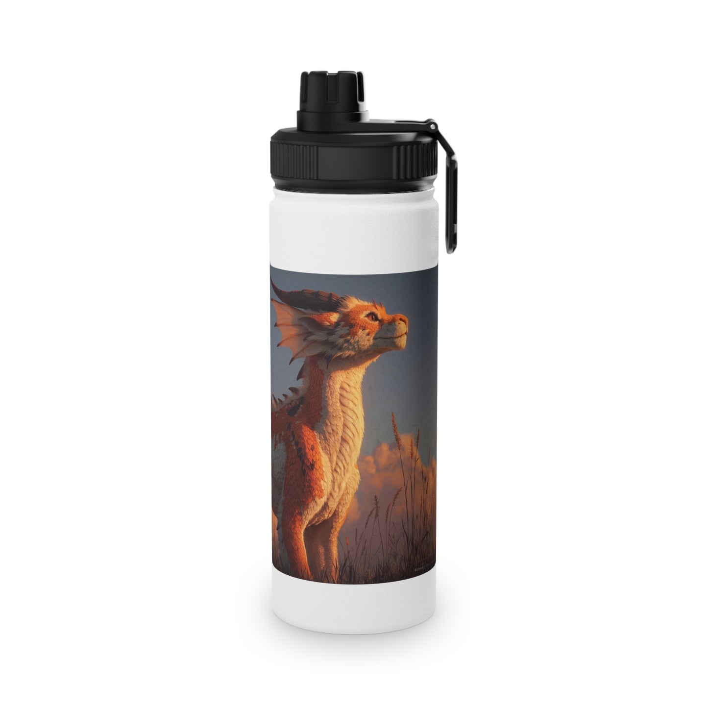 Sunset Sentinel Dragon Stainless Steel Water Bottle, Sports Lid – Amber Scale Horizon