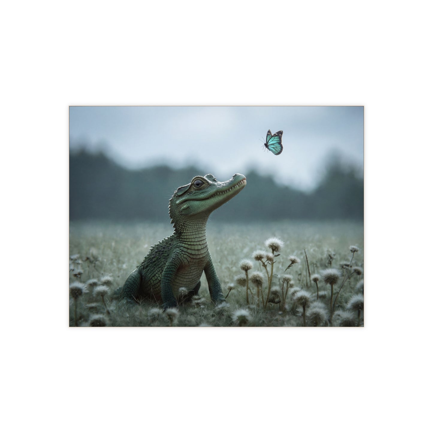 Curious Caiman Ceramic Photo Tile – Emerald Gaze Meets Azure Butterfly