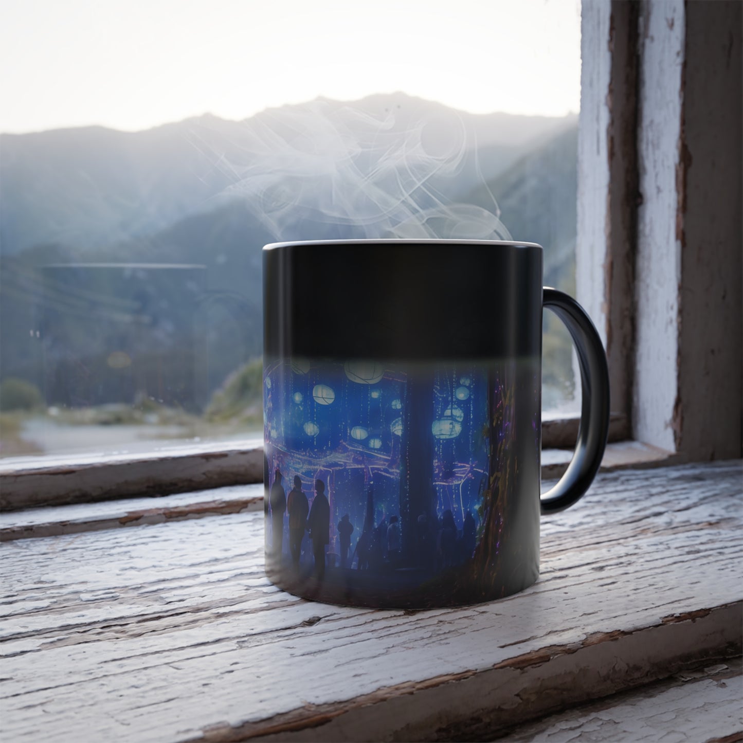 "A cyberpunk vision of the Oregon Country Fair, where neon lights illuminate the path, holographic performers entertain the crowd, and the merry blend of tradition and technology creates an enthralling spectacle." - Color Morphing Mug, 11oz