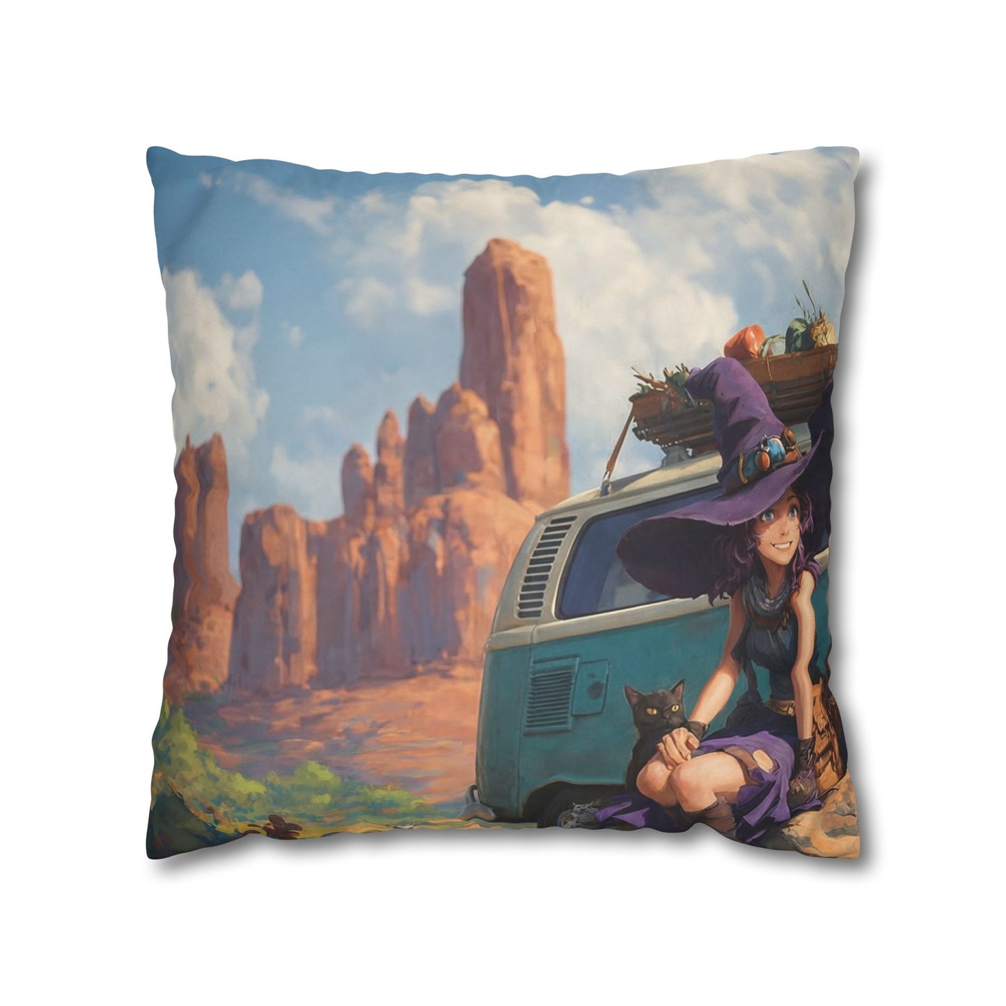 Wagon Ride Faux Suede Square Pillowcase – Desert Camper Adventure Scene
