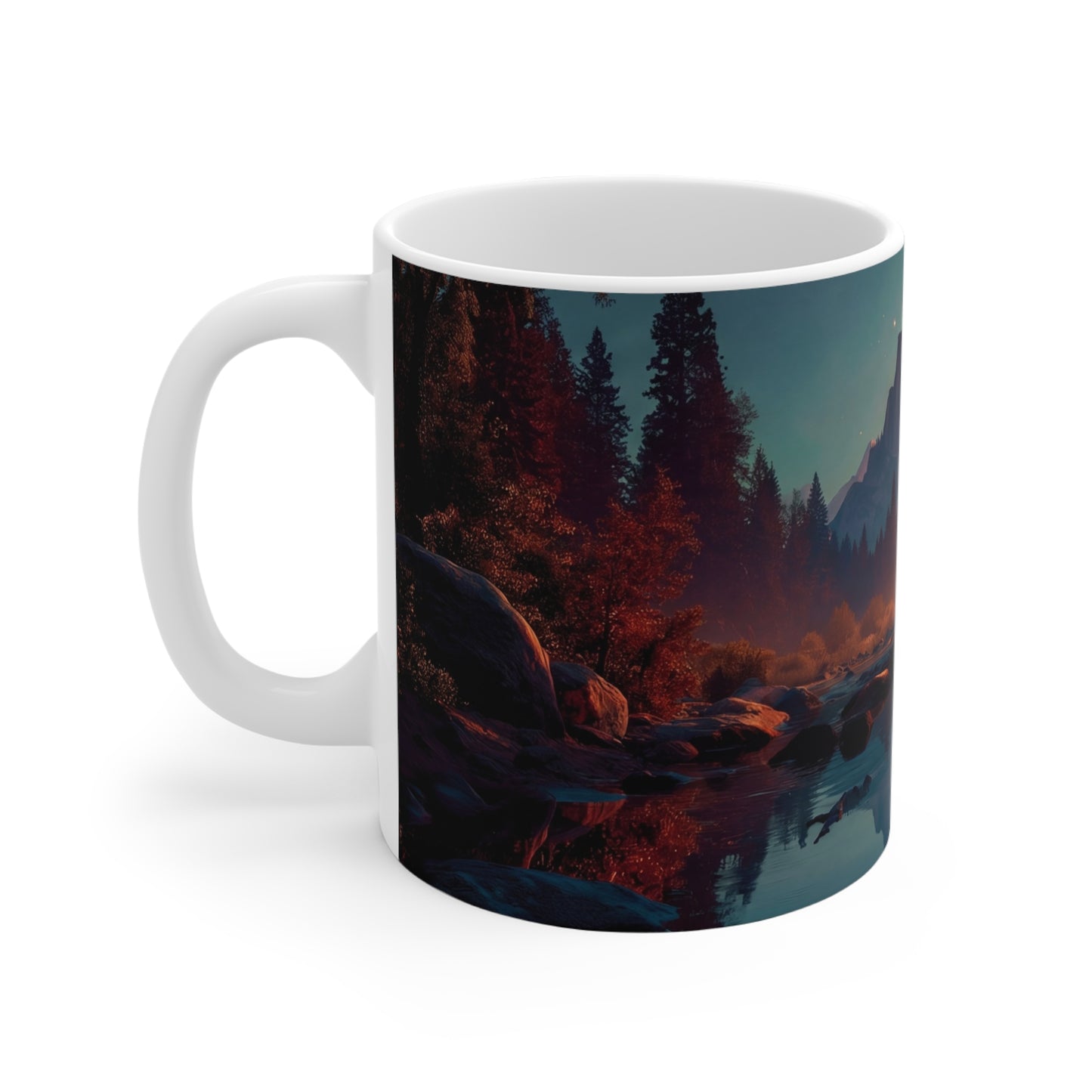 Starlit River Reflections Ceramic Mugs (11oz\15oz\20oz) – Half Dome’s Celestial Mirror