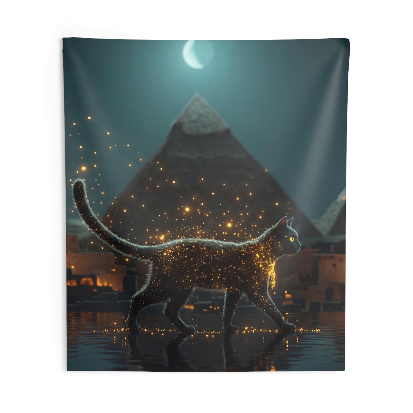 Starlit Cat by Pyramids Indoor Wall Tapestries – Midnight Magic in the Nile