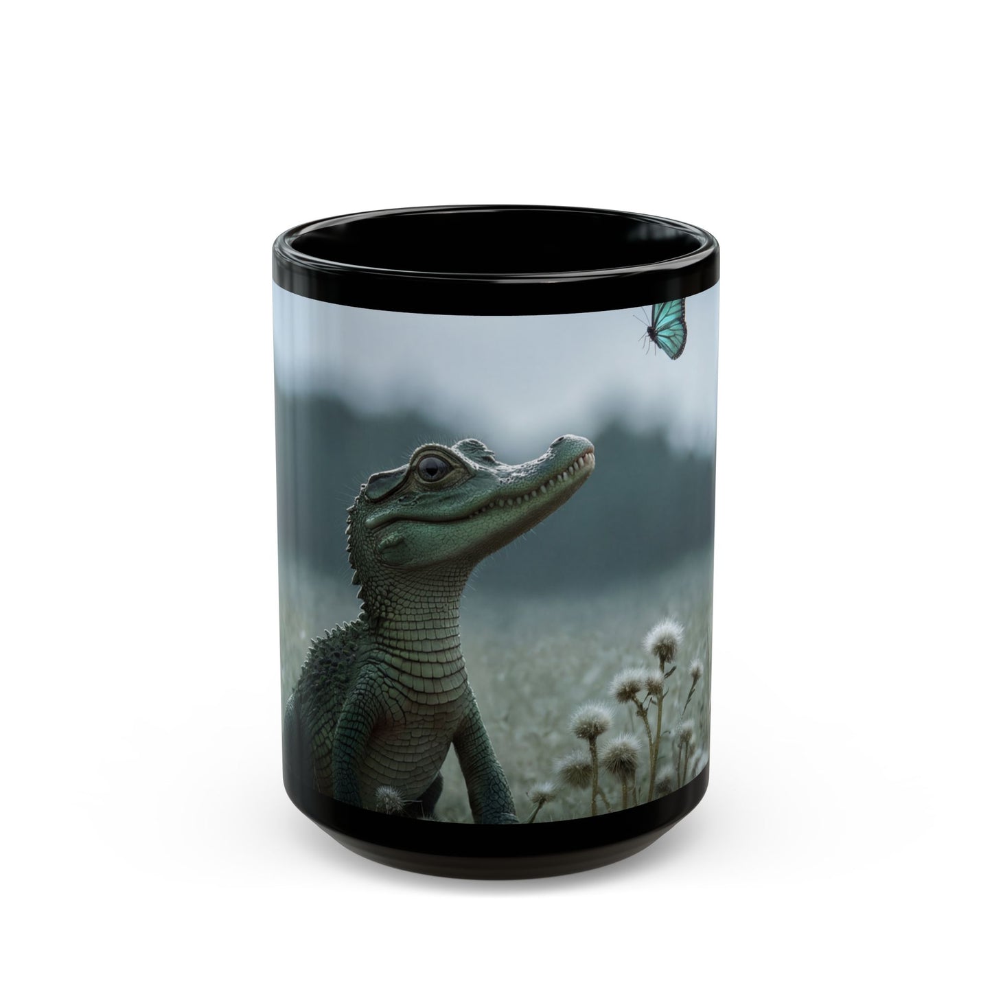 Curious Caiman Black Mug – Azure Butterfly Encounter