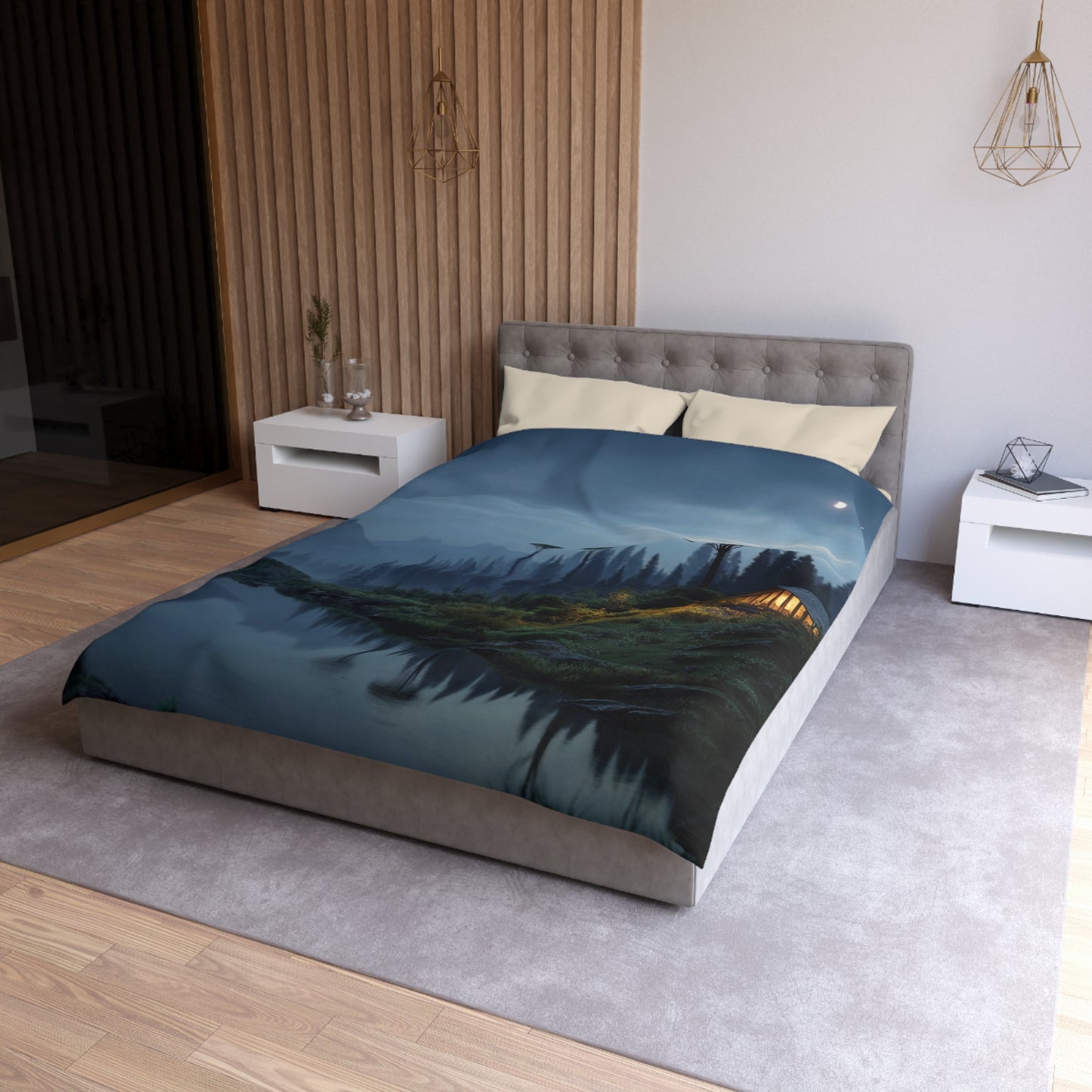 Moonlit Cabin Duvet Cover – Whispering Peaks & Silent Waters