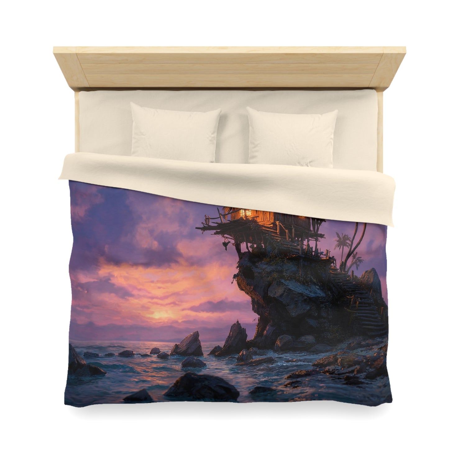 Cliffside Lighthouse Cottage Duvet Cover – Warm Light Against Twilight Seas