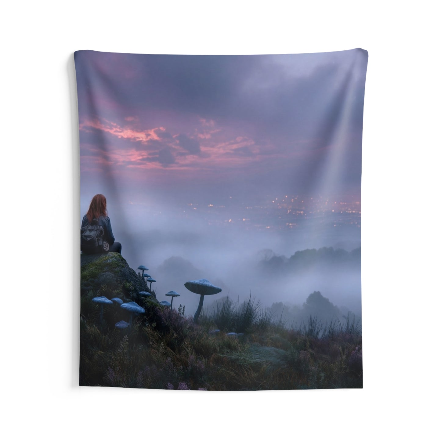 Moonlit Wanderer Wall Tapestry – Twilight Meadow with Bioluminescent Fungi
