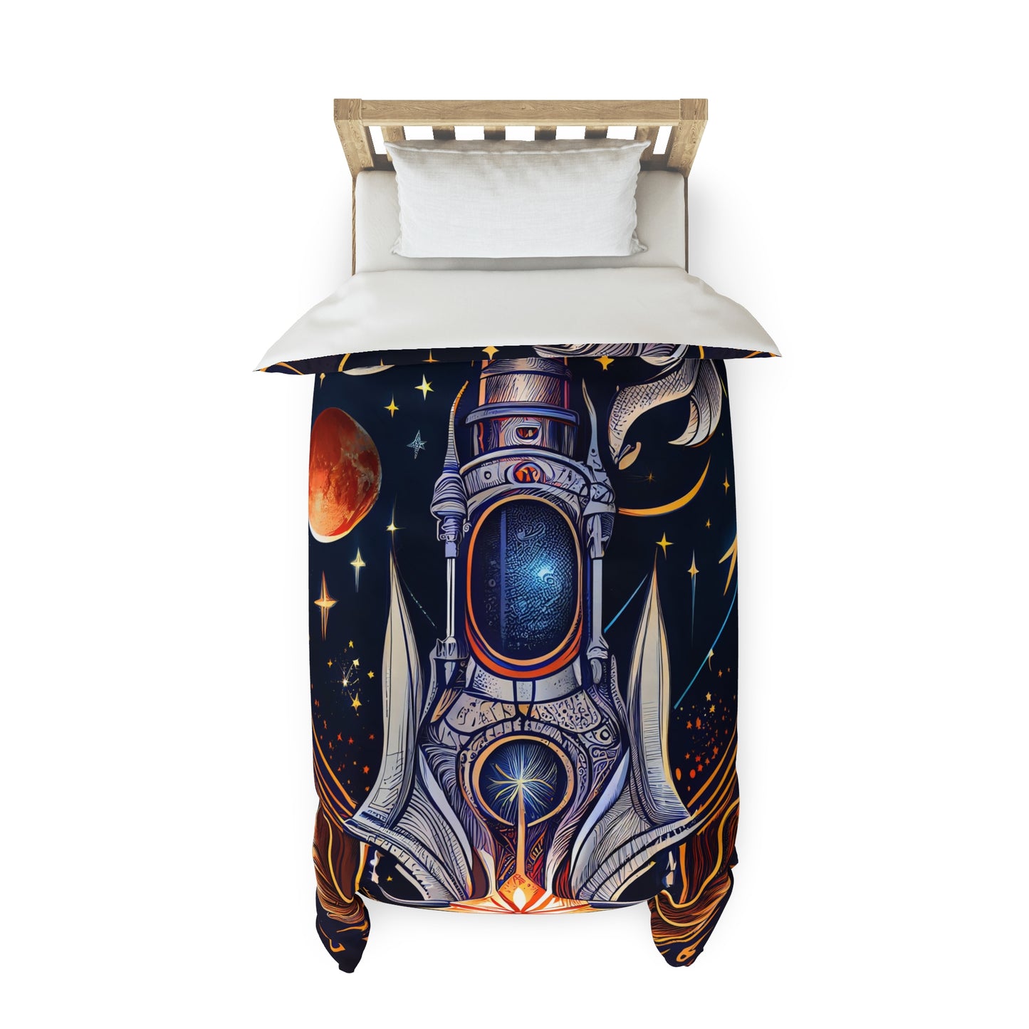 t-shirt design, rocket ship, stars, moons, art nouveau, alphonse much - Duvet Cover