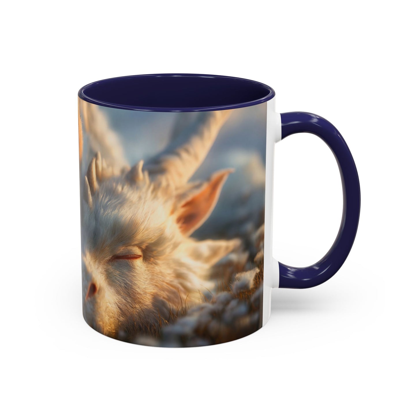 Winter Guardian Accent Coffee Mug (11, 15oz) – Fur-Hooded Child Sleeping Beside White Dragon Sentinel