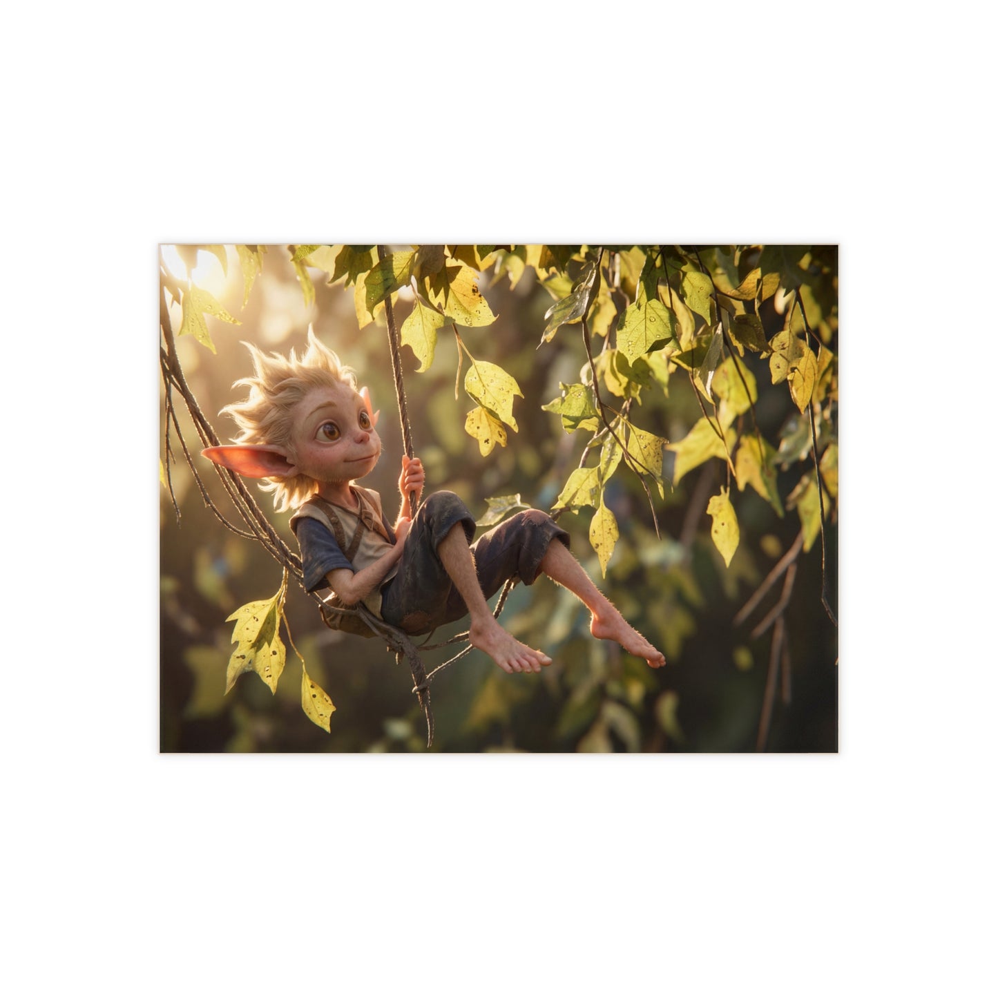 Forest Gnome Swing Ceramic Photo Tile – Golden Hour Whimsy