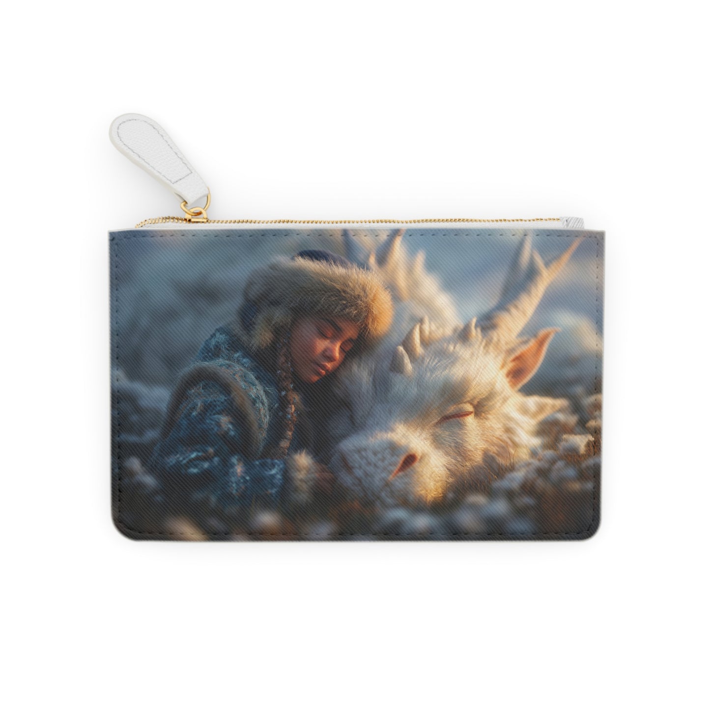 Winter’s Whisper Mini Clutch Bag – Girl and Snow Dragon Resting Together