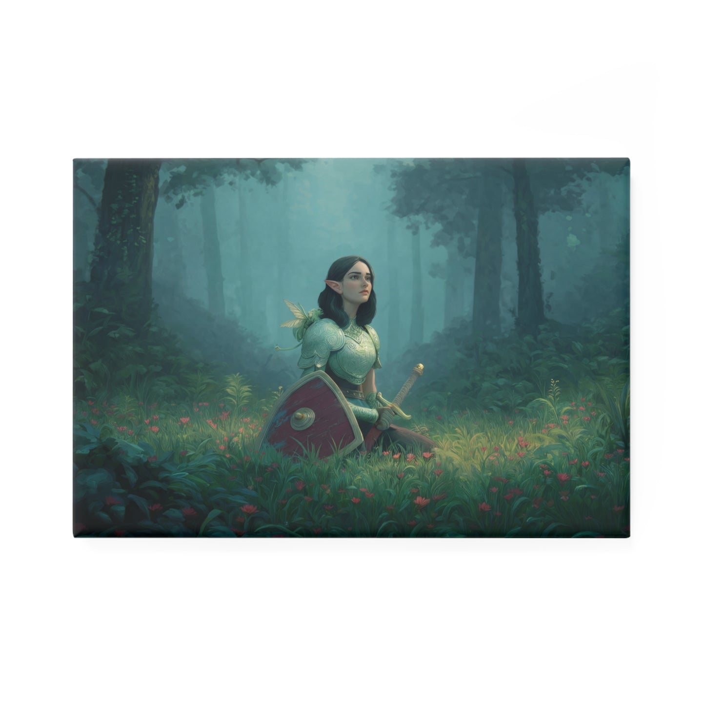 Elven Warrior in Misty Grove Button Magnet, Rectangle (1 & 10 pcs) – Guardian of the Whispering Woods