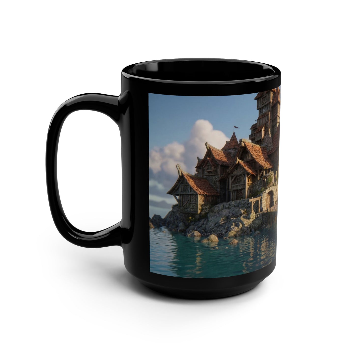 Ancient Coast Village Black Mug, 15oz – Weathered Timber and Amber Light