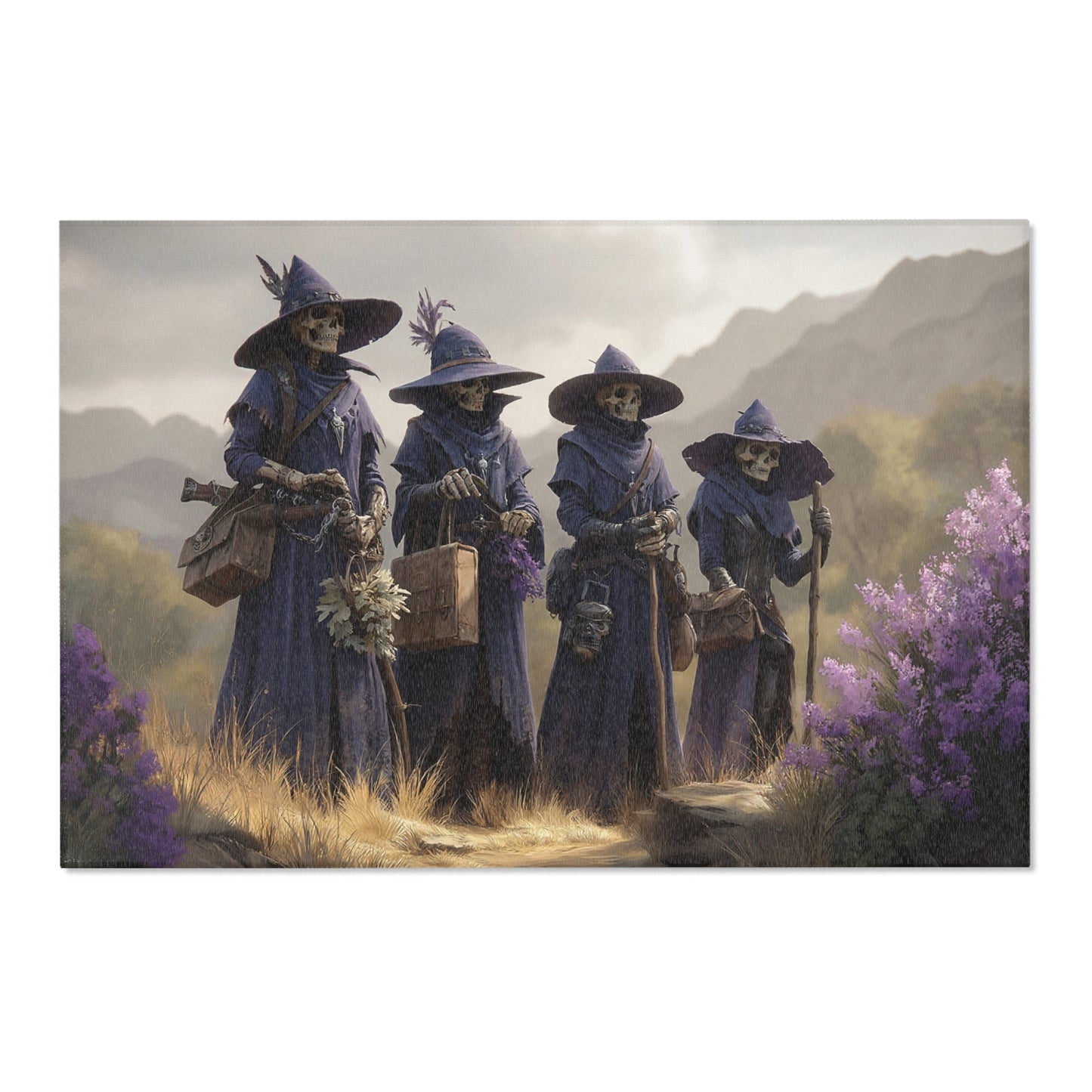 Four Wandering Skeletal Wizards Area Rug – Purple Hooded Pilgrims Through Misty Peaks